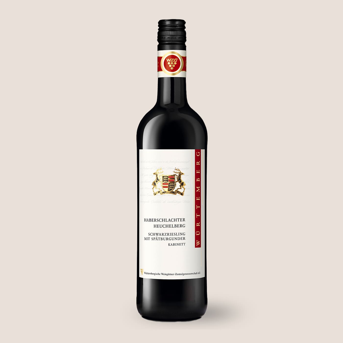 Flasche Aus’m Ländle Haberschöchter Heuchelberg Rotwein der WZG vor hellem Hintergrund.