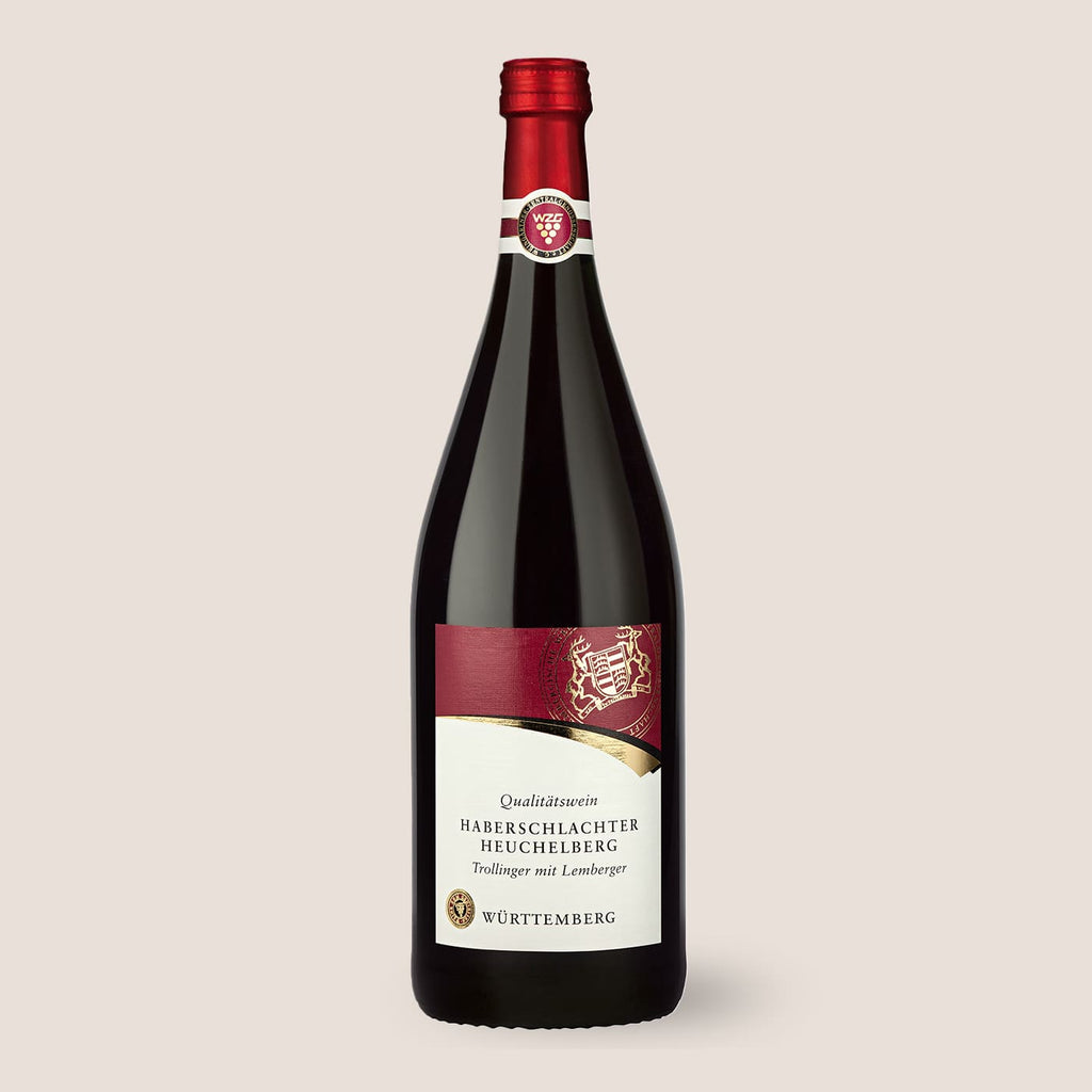 Flasche Aus’m Ländle Rotwein der WZG mit rotem Flaschenverschluss und hellem Etikett.