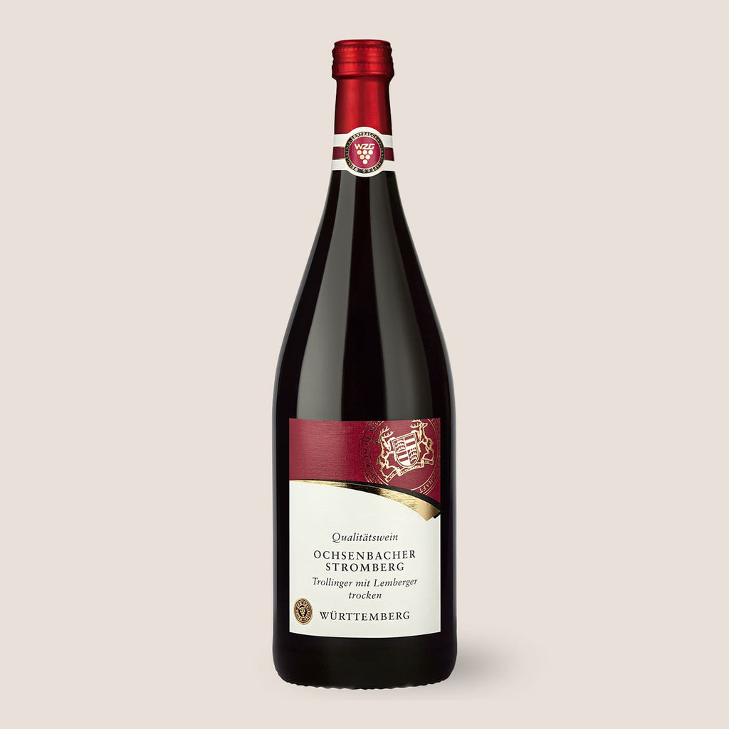 Flasche Aus’m Ländle Rotwein der WZG mit rotem Flaschenverschluss und hellem Etikett.