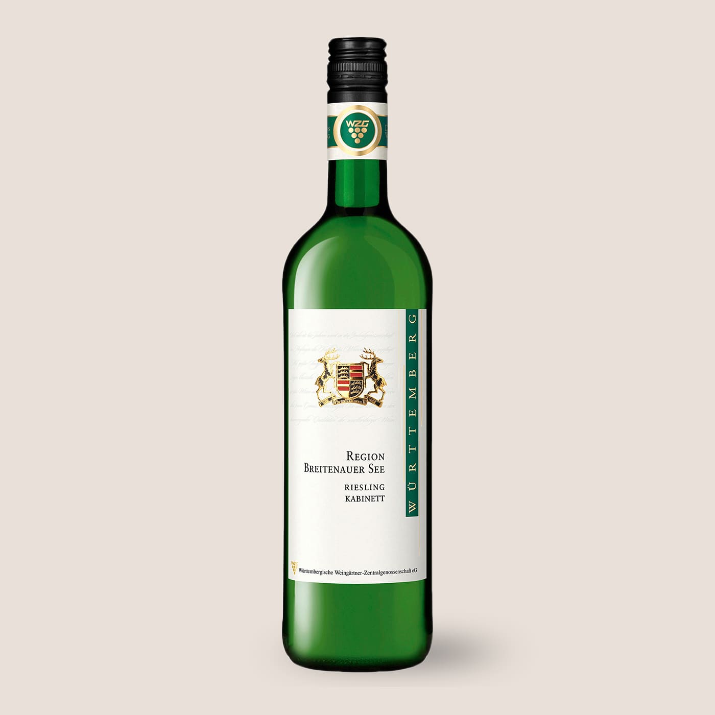 Flasche Riesling Kabinett der WZG vor hellem Hintergrund.