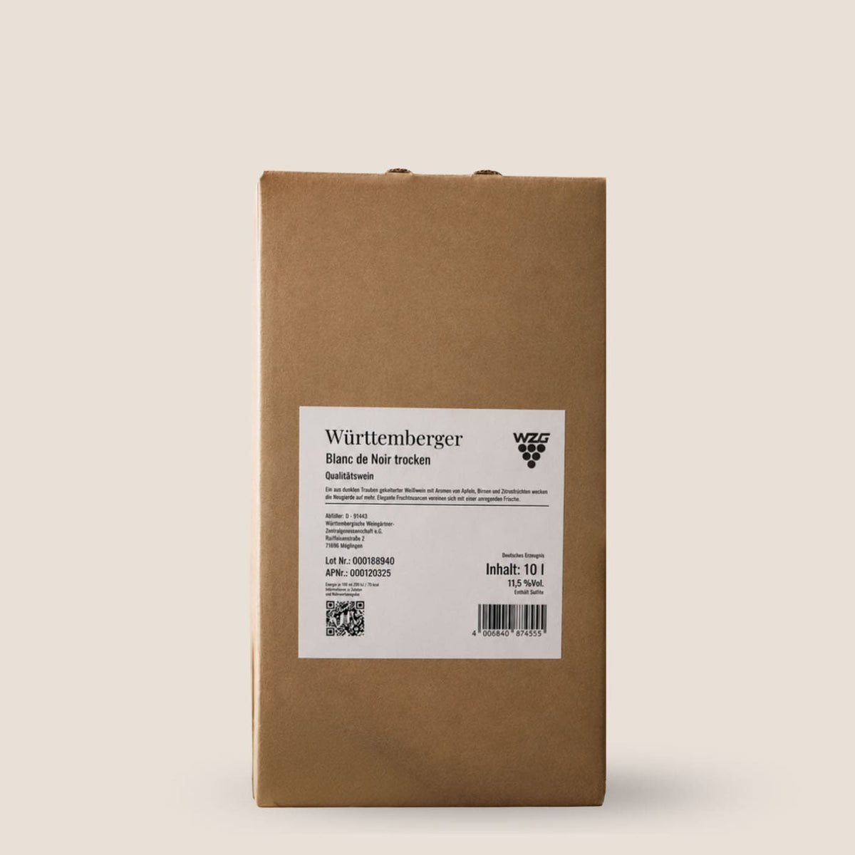 Braune Produktverpackung Blanc de Noir aus der Linie Aus’m Ländle der WZG mit weißem Etikett.