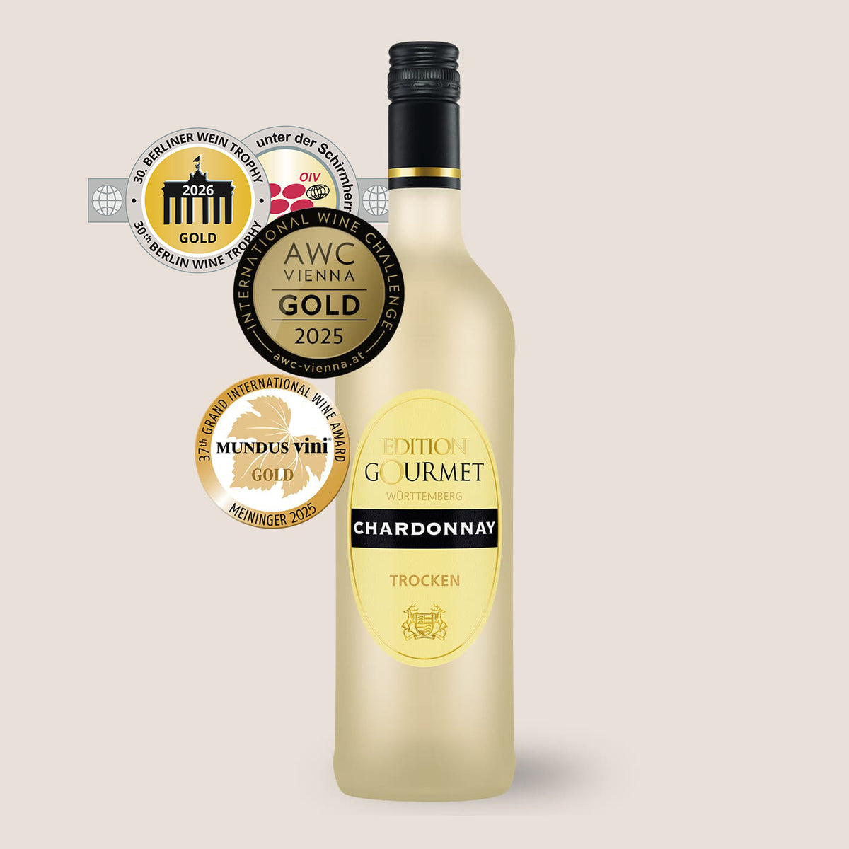 Flasche Edition Gourmet Weißwein Chardonnay der WZG mit mehreren Auszeichnungen und Medaillen.
