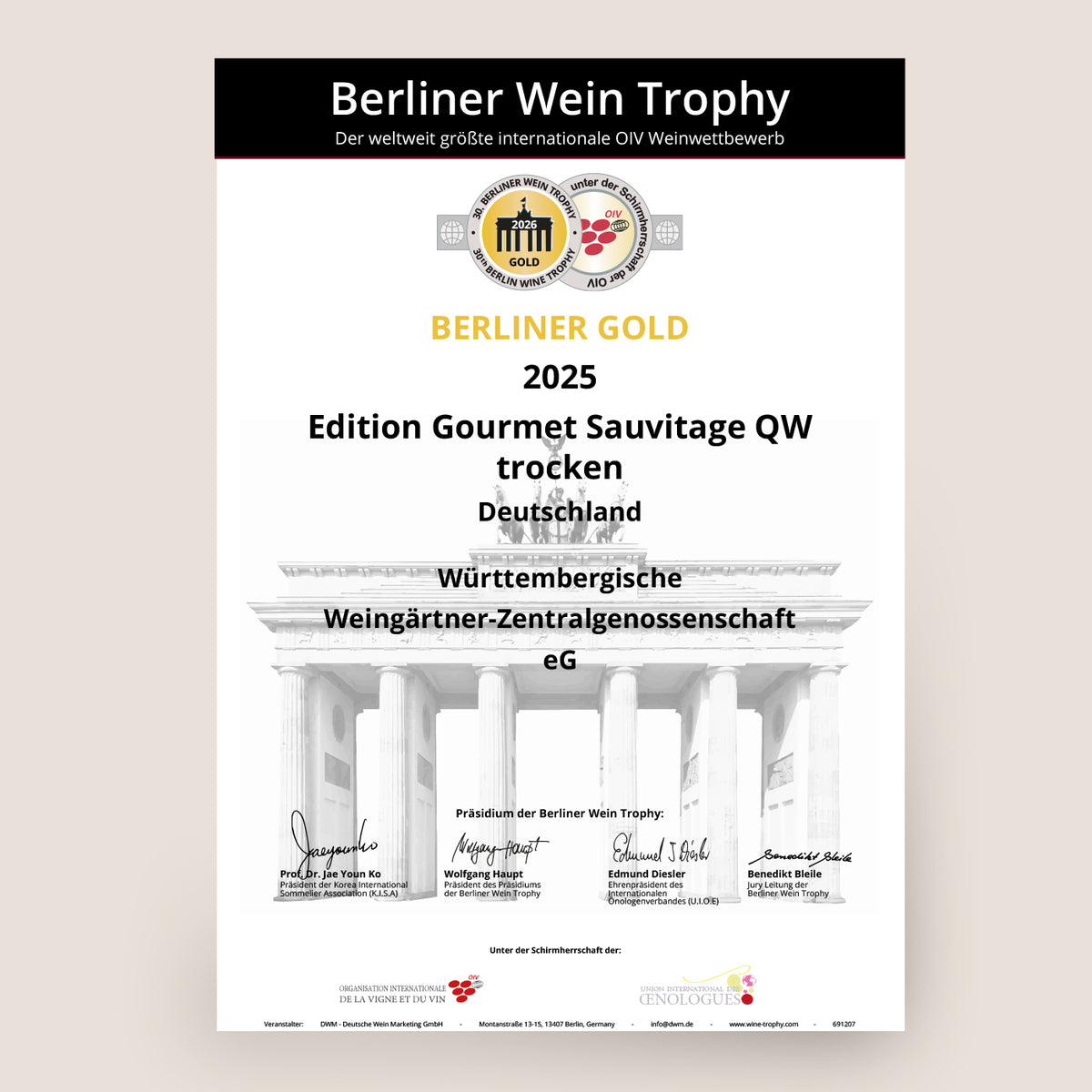 Urkunde einer Weinauszeichnung für einen Edition Gourmet Wein der WZG.