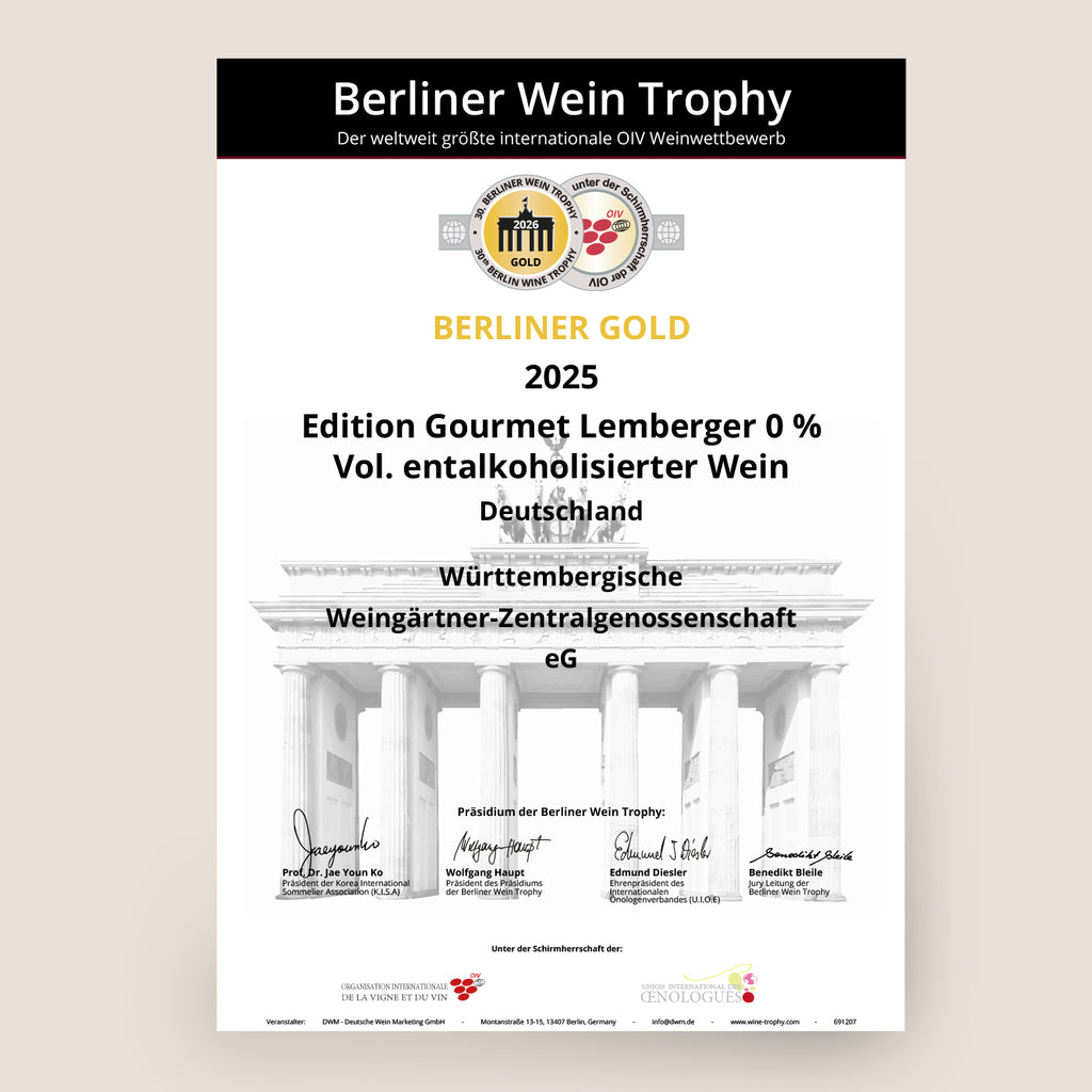 Urkunde einer Weinauszeichnung für einen Edition Gourmet Wein der WZG.