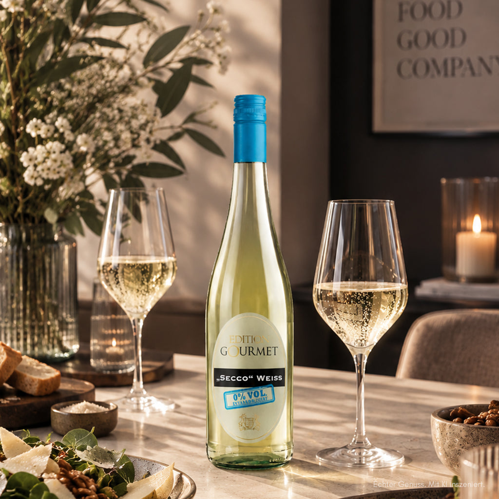 Edition Gourmet Secco Weißwein alkoholfrei mit zwei Weingläsern auf einem stilvoll gedeckten Tisch bei Kerzenschein.