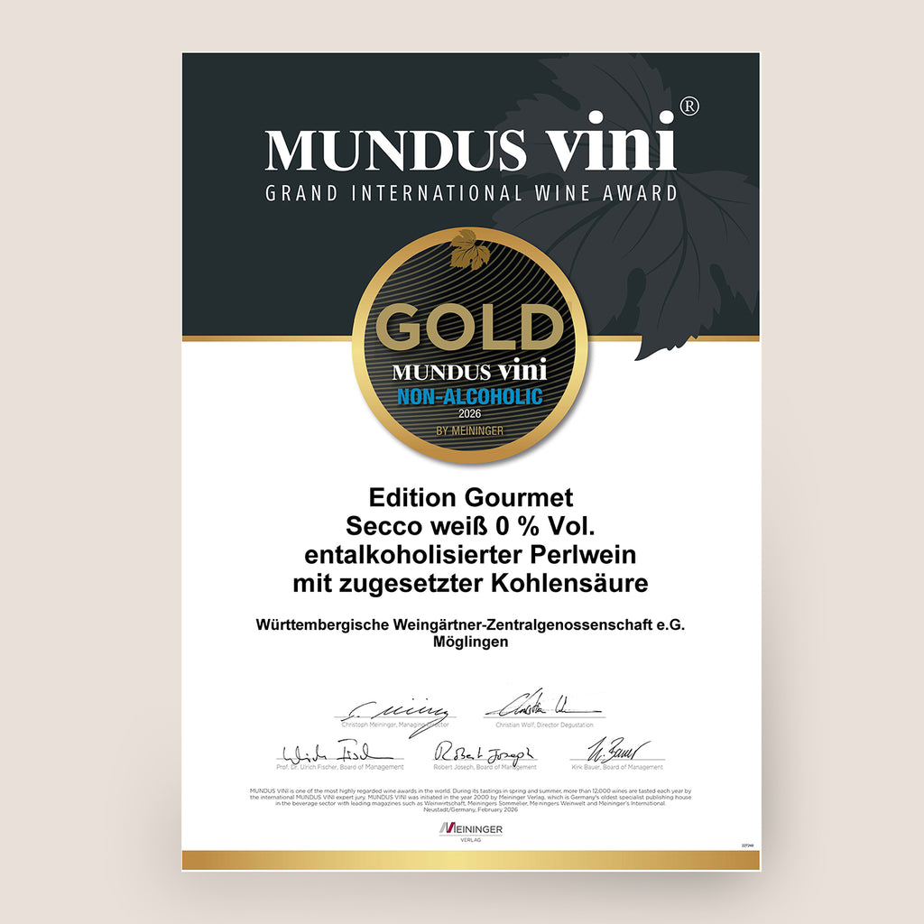 Mundus Vini Gold-Auszeichnung für Edition Gourmet Secco weiß 0% vol. der WZG.
