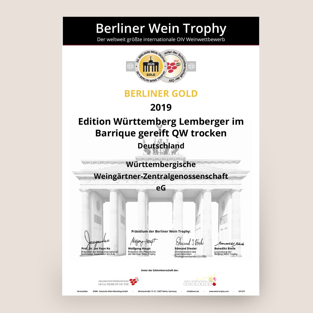 Urkunde einer Weinauszeichnung für Edition Württemberg Lemberger der WZG.
