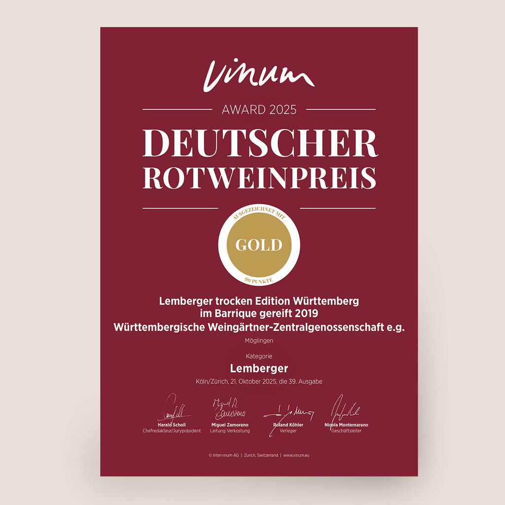 Urkunde des Deutschen Rotweinpreises für einen ausgezeichneten Edition Württemberg Rotwein der WZG.
