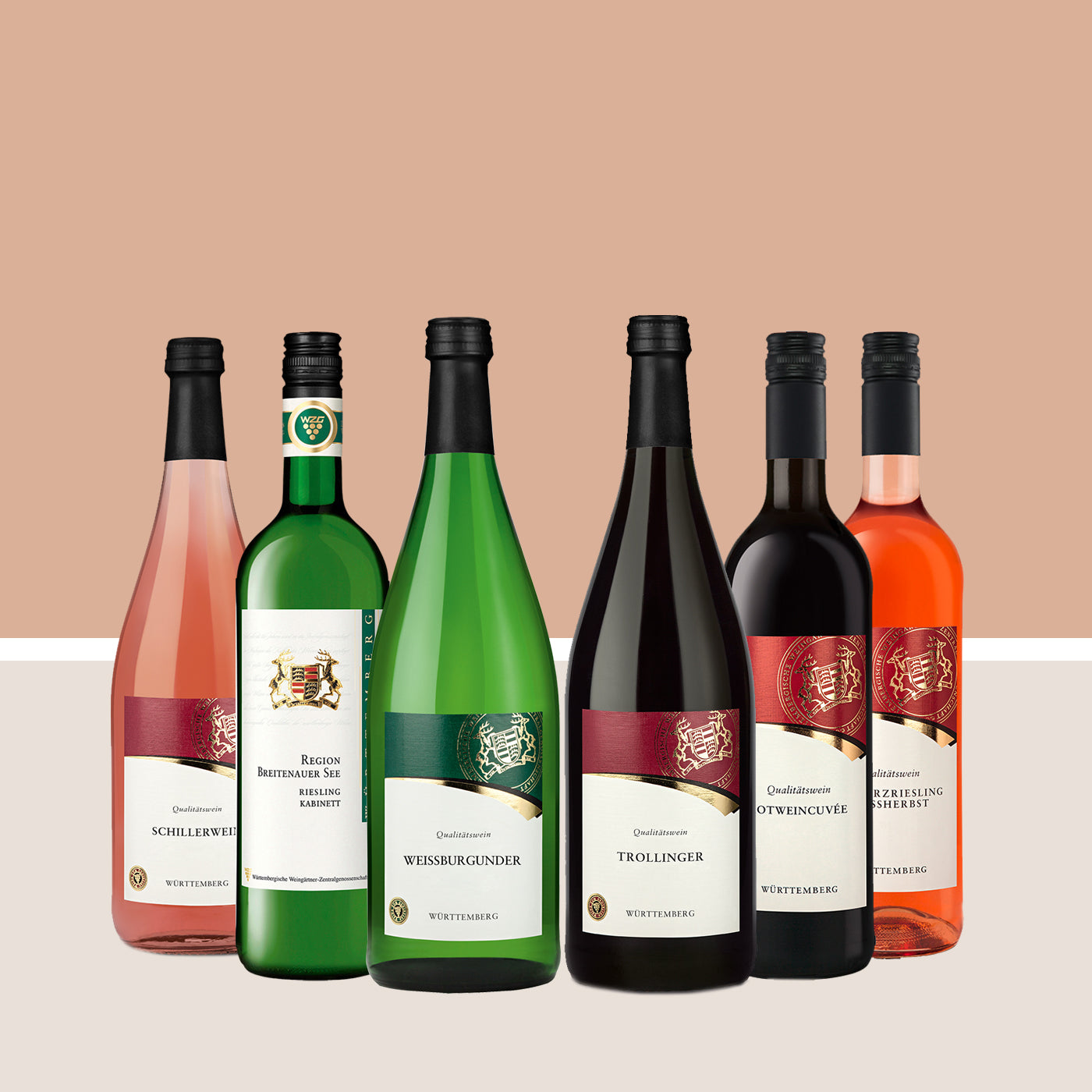 Württemberger Original Weinsortiment der WZG mit Weißwein, Roséwein und Rotwein.