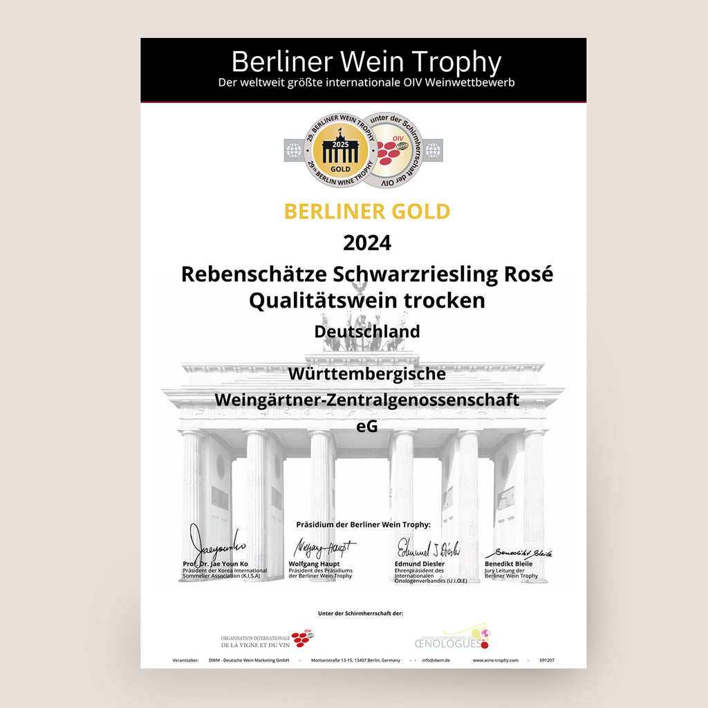 Berliner Wine Trophy Urkunde für Rebenschätze Schwarzriesling Rose