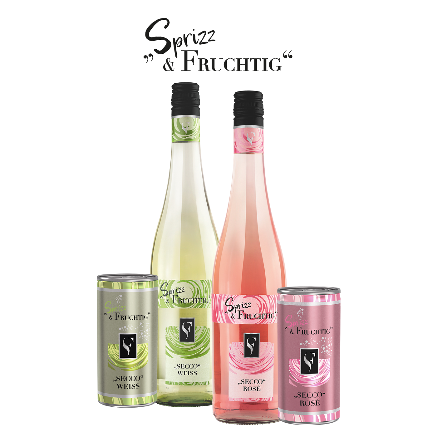 Flaschen und Dosen der Sprizz & Fruchtig Weißwein- und Rosé-Secco-Serie