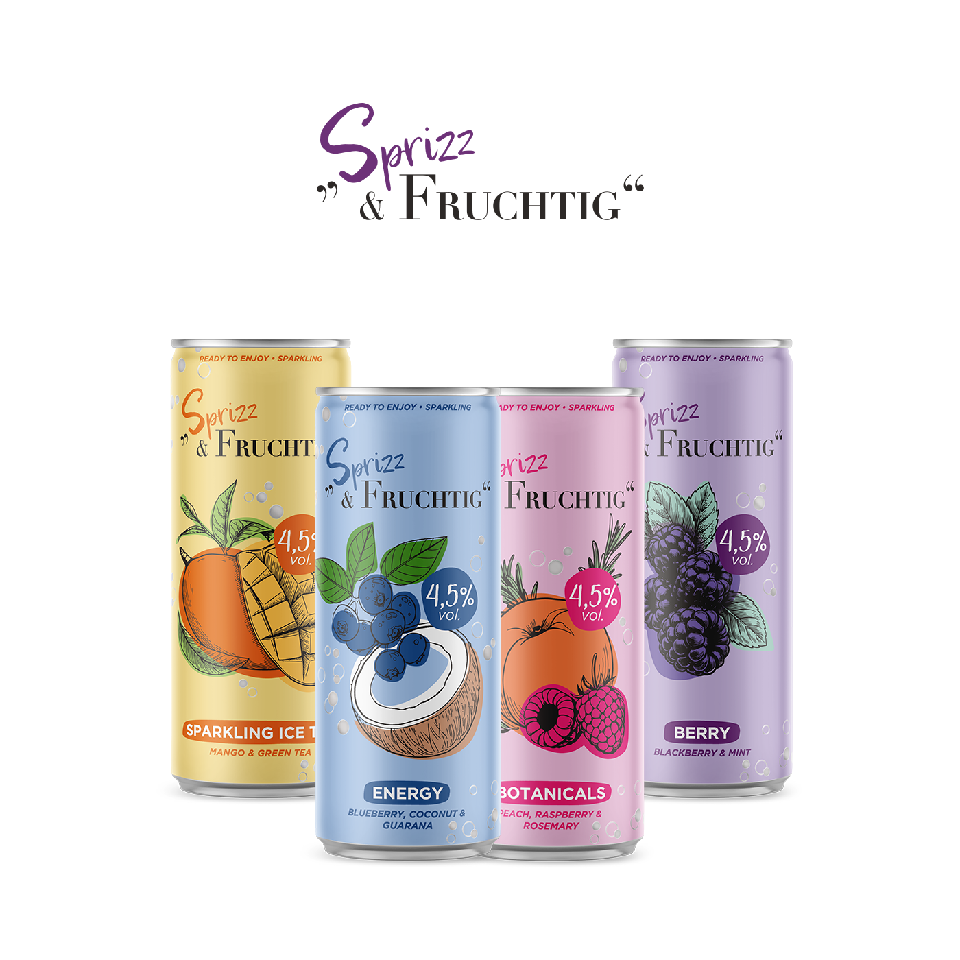 Vier Dosen Sprizz & Fruchtig Infusion in den Sorten Sparkling Ice Tea, Energy, Botanicals und Berry