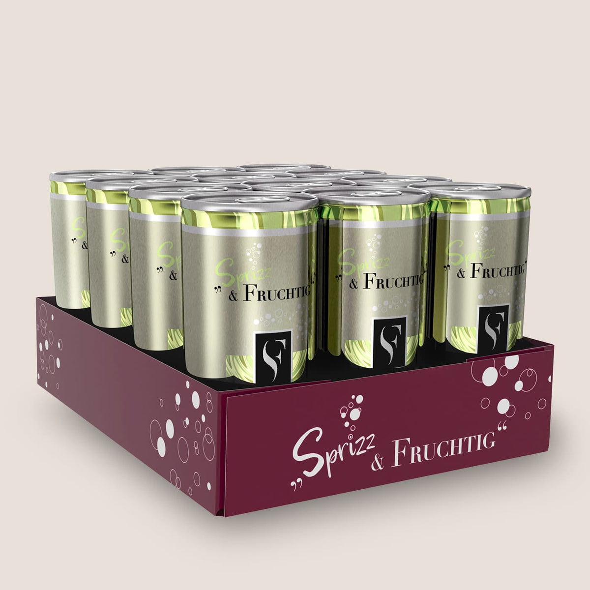 Sprizz & Fruchtig Secco weiss Dosen der WZG in einer Verkaufsbox.