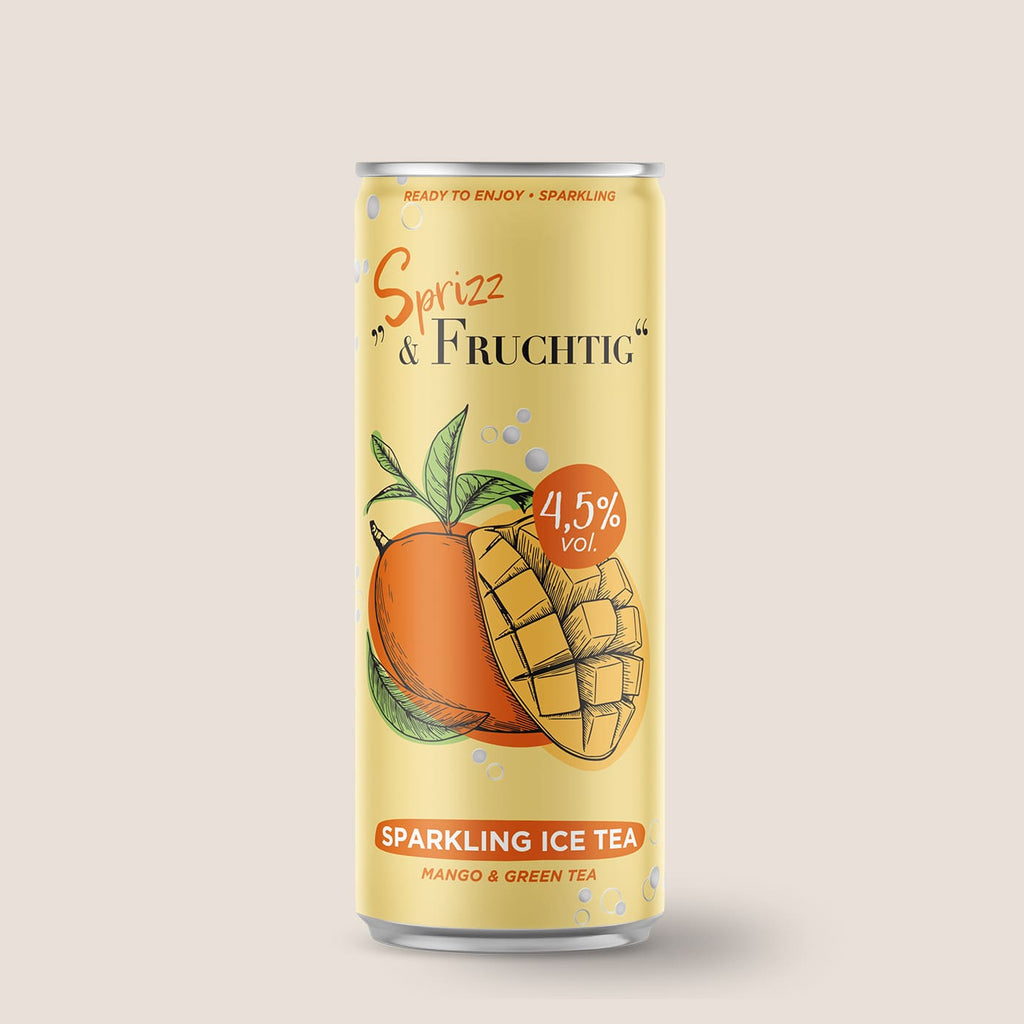 Sprizz & Fruchtig Sparkling Ice Tea von WZG in der Dose vor hellem Hintergrund.