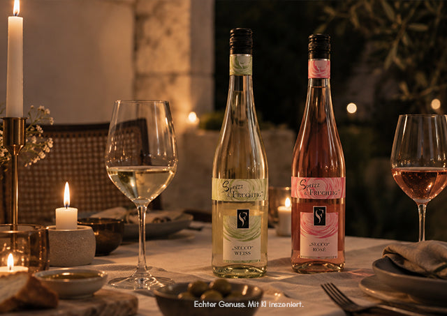 Dinner bei Kerzenlicht mit einer Flsche Sprizz & Fruchtig Secco Weiss und Secco Rose