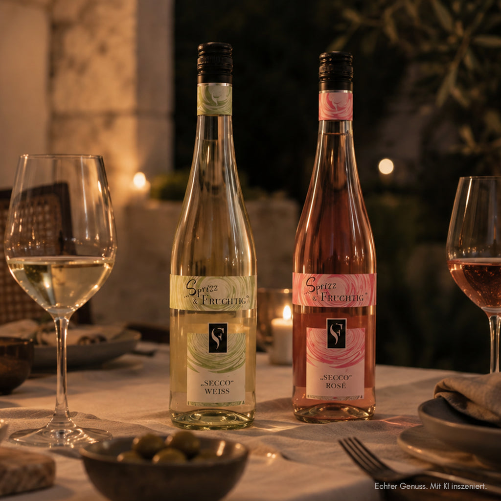 Zwei Süss & Fruchtig Secco der WZG in Weiß und Rosé auf einem stimmungsvoll gedeckten Tisch.