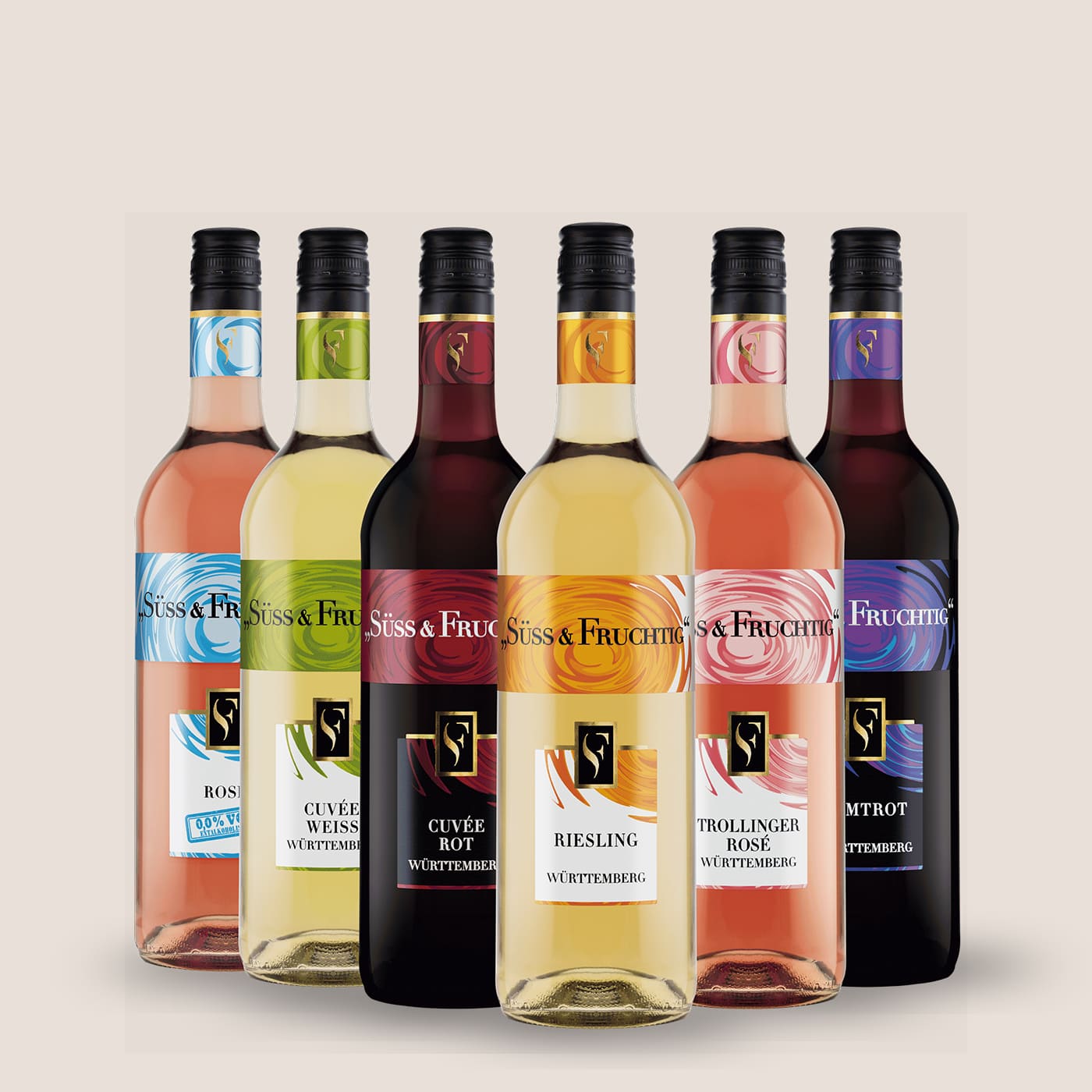Süss & Fruchtig Weinsortiment der WZG mit verschiedenen Weiß-, Rosé- und Rotweinen.
