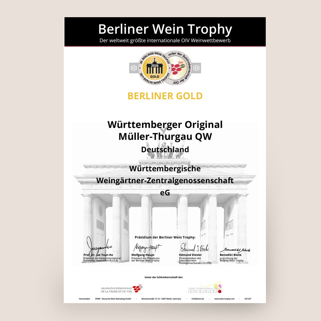 Berliner Wine Trophy Urkunde mit Gold-Auszeichnung für Ürttemberger Original Müller-Thurgau der WZG aus Württemberg.