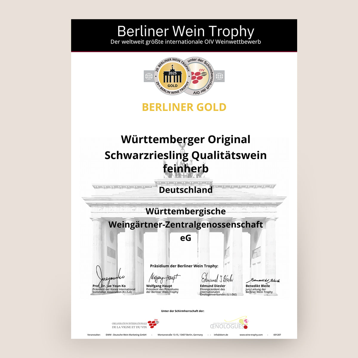 Berliner Wine Trophy Urkunde für Württemberger Original Schwarzriesling der WZG aus Württemberg.