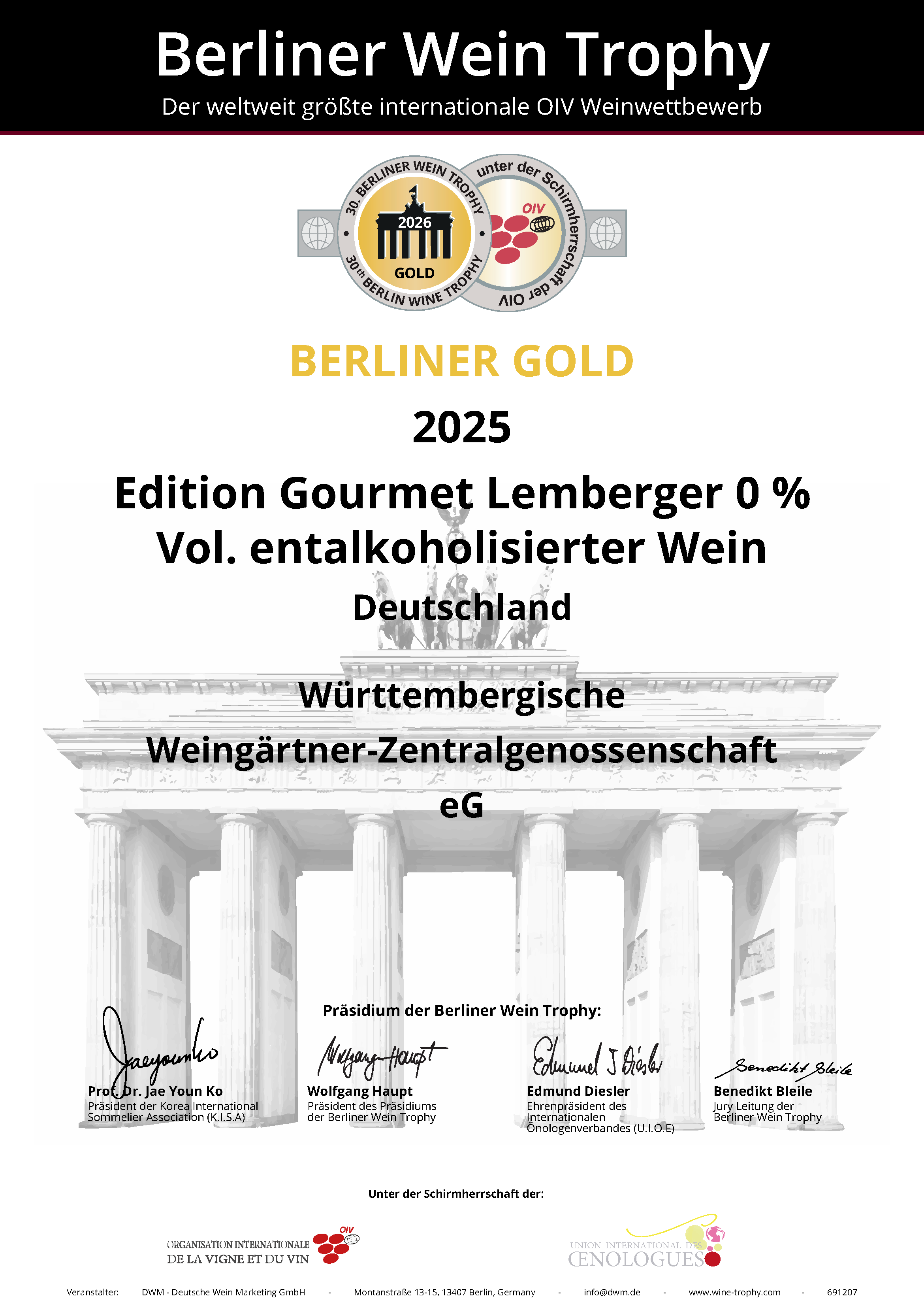 Zertifikat Berliner Gold 2026 für den entalkoholisierten Rotwein Edition Gourmet Lemberger