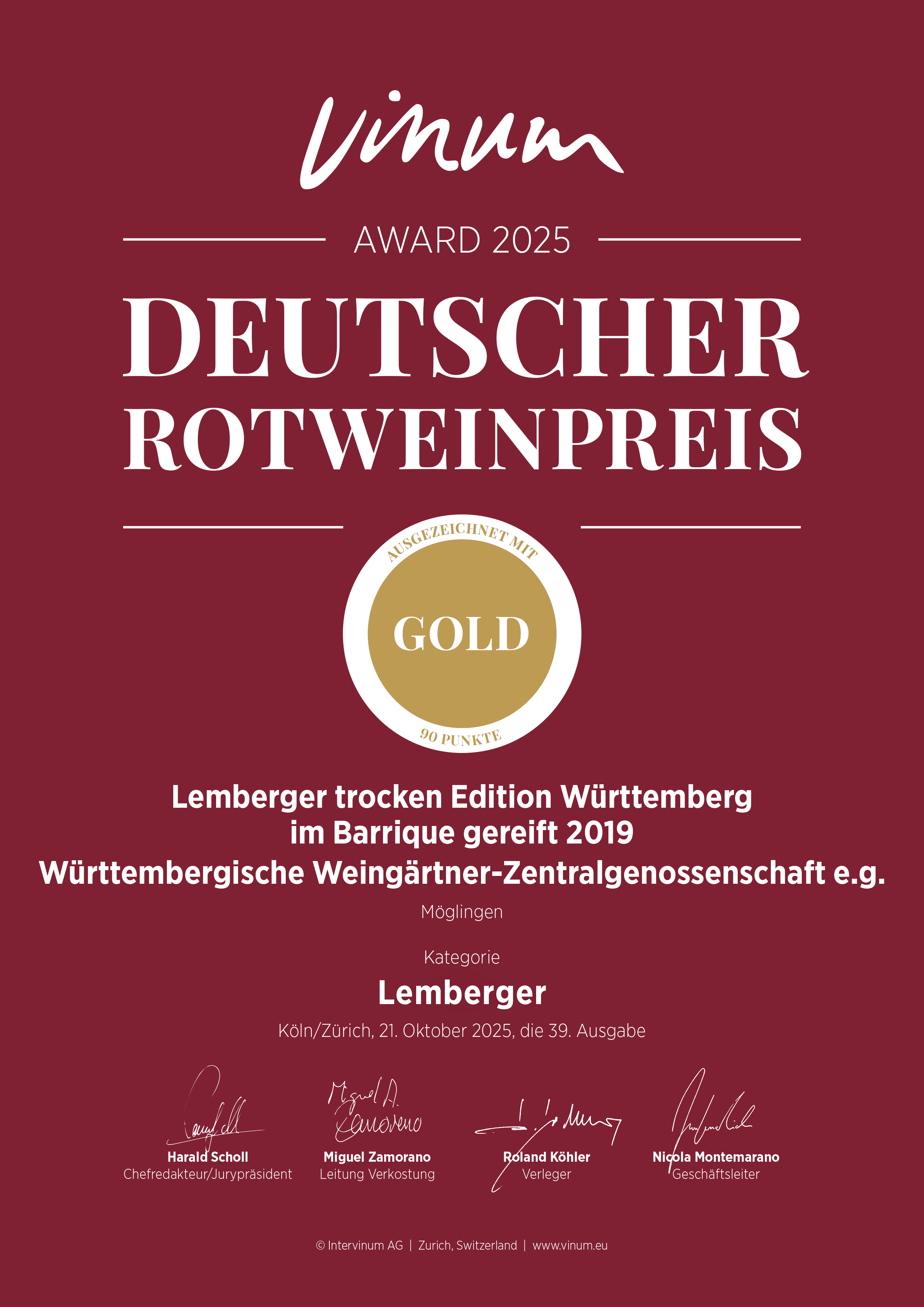 Zertifikat für den mit Gold ausgezeichneten Rotwein Lemberger der Edition Württemberg Zertifikat Vinum deutscher Rotweinpreis
