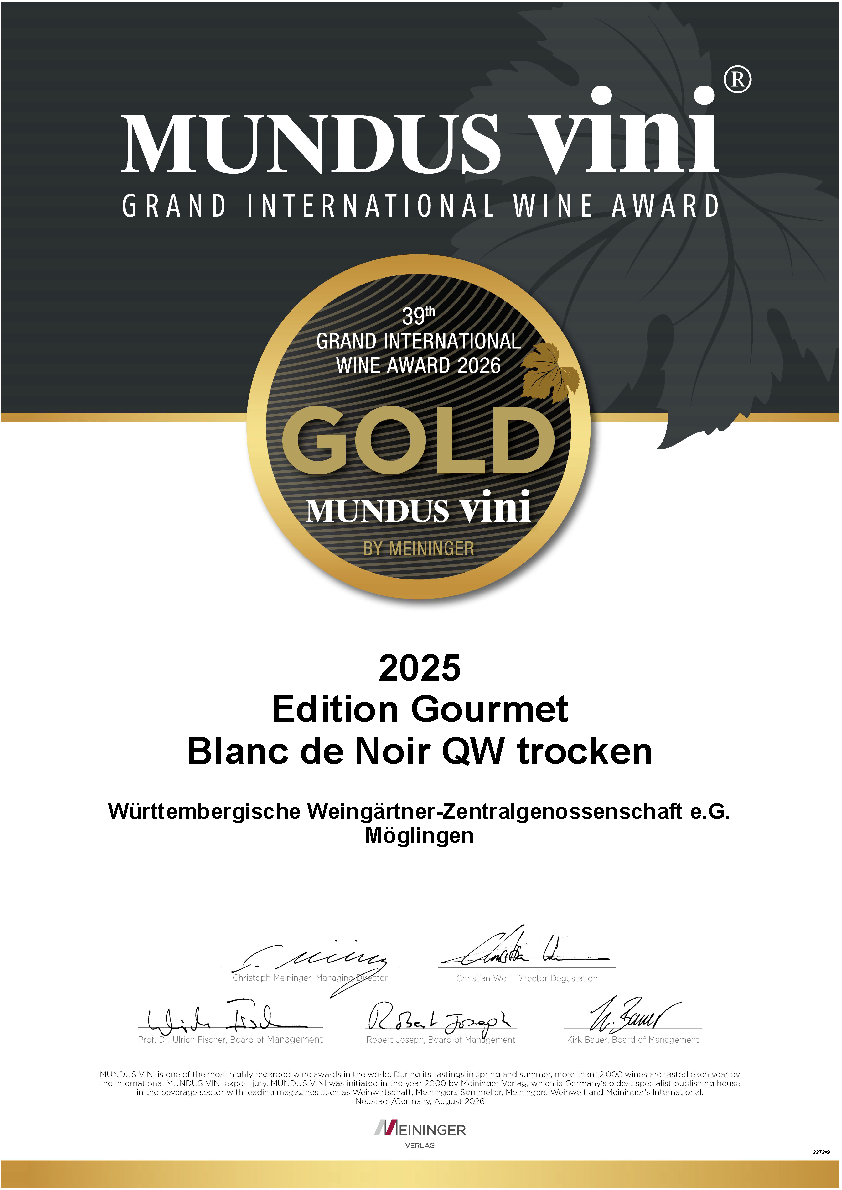 Mundus Vini Gold Zertifikat 2026 für Roséwein Edition Gourmet Blanc de Noir trocken