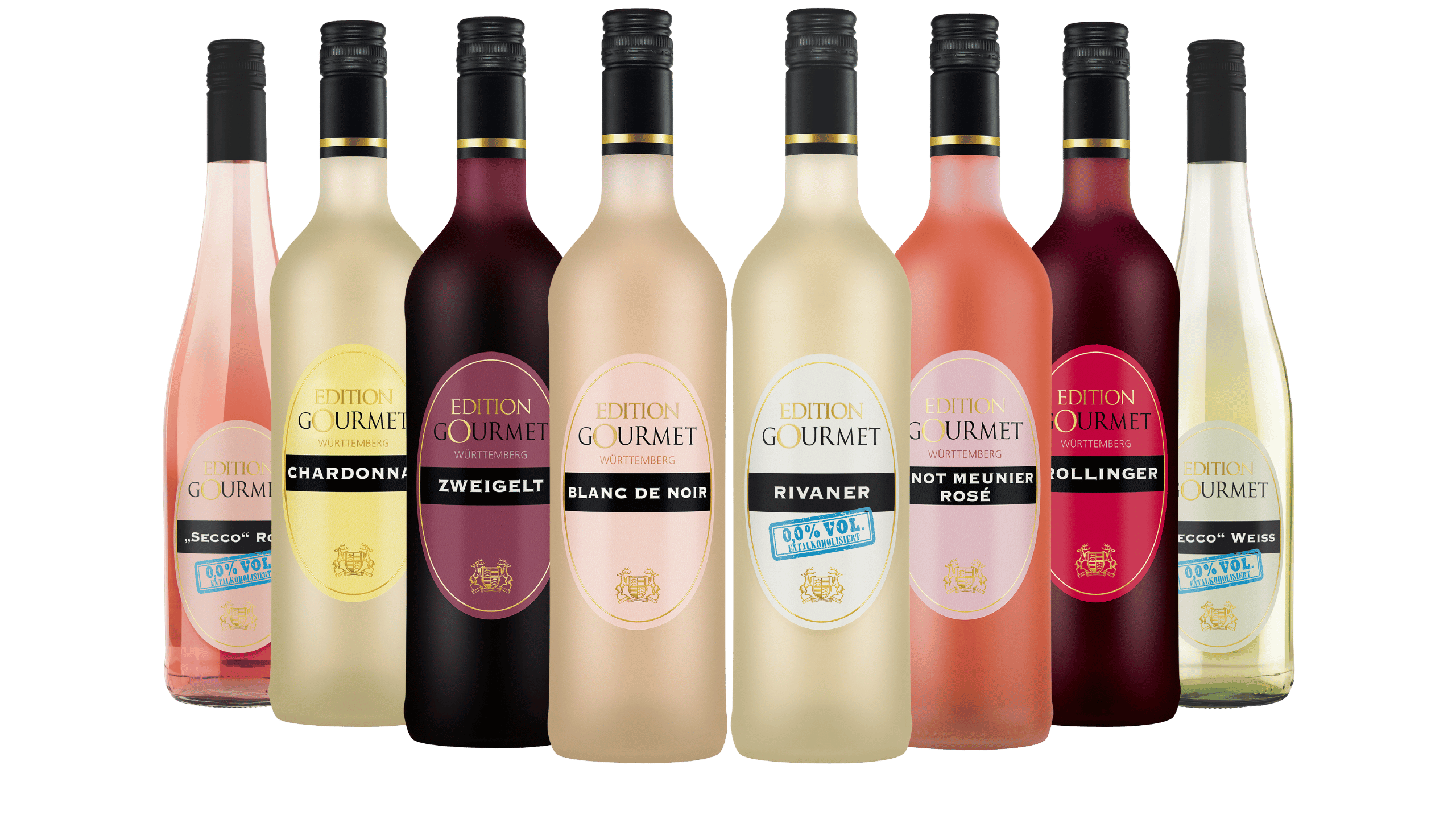 Acht Weinflaschen der Serie Edition Gourmet WZG Weinserie Edition Gourmet