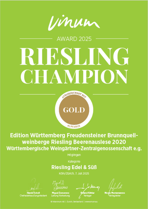 WZG Zertfikat Goldauszeichnung Riesling