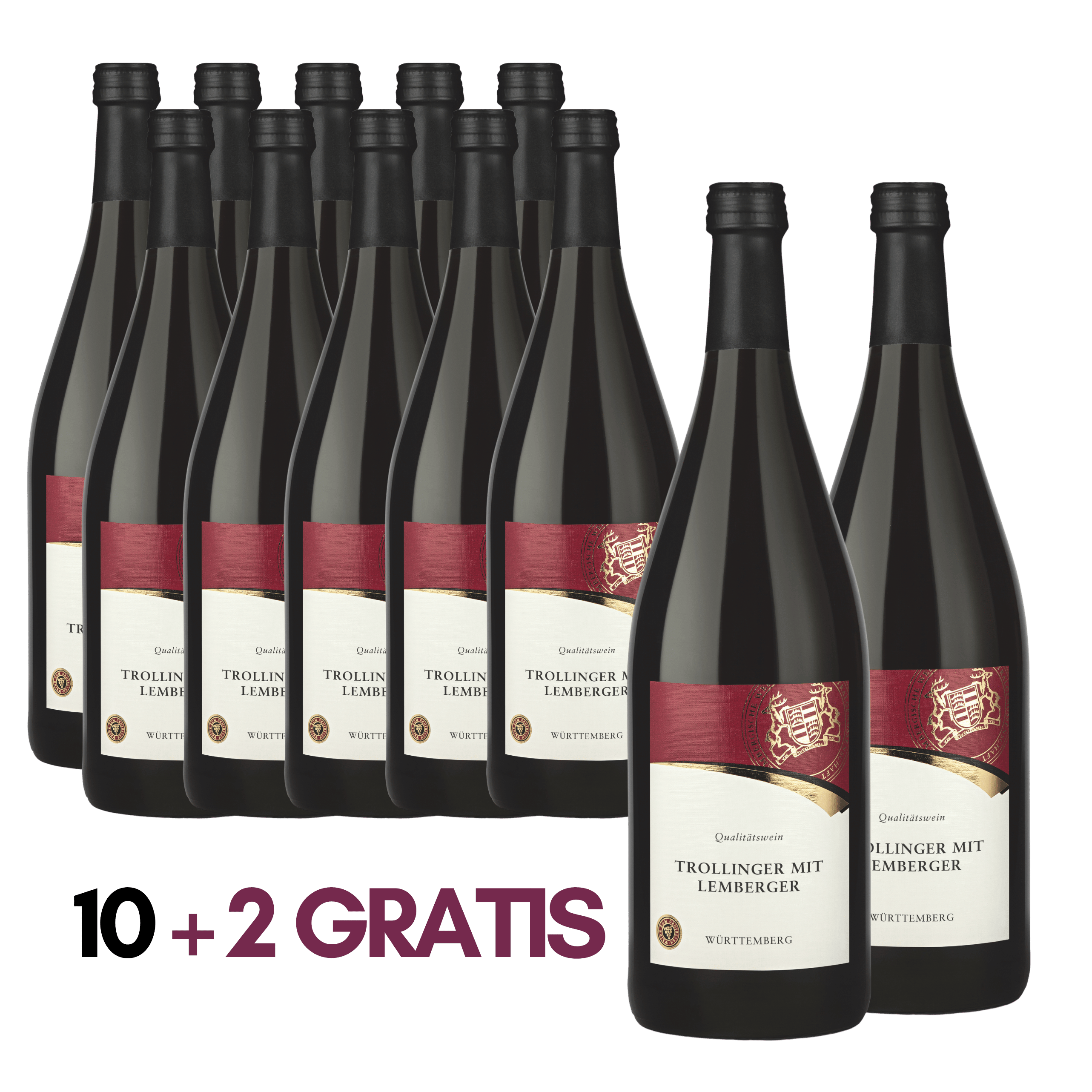 Zehn plus zwei Rotwein Literflaschen der Rebsorte Trollinger mit Lemberger