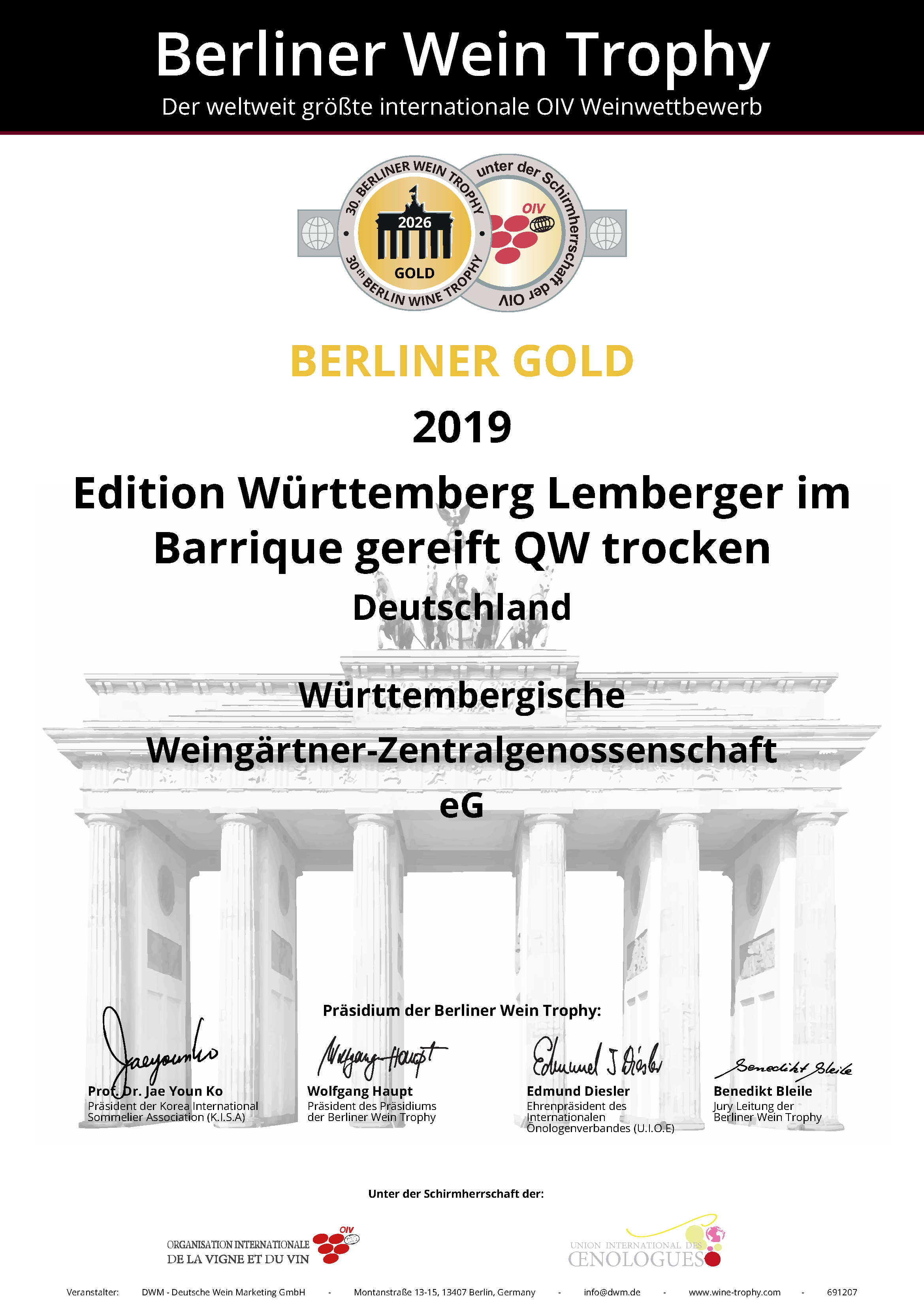 Zertifikat Berliner Gold 2026 für den Rotwein Edition Württemberg Lemberger Barrique gereift QW trocken