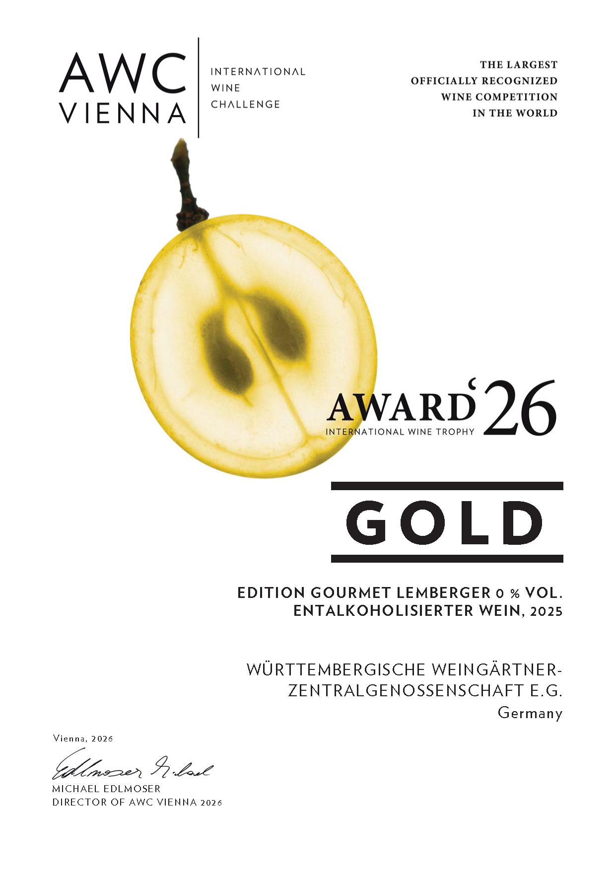 AWC Vienna Gold Zertifikat 2026 für entalkoholisierter Rotwein Edition Gourmet Lemberger