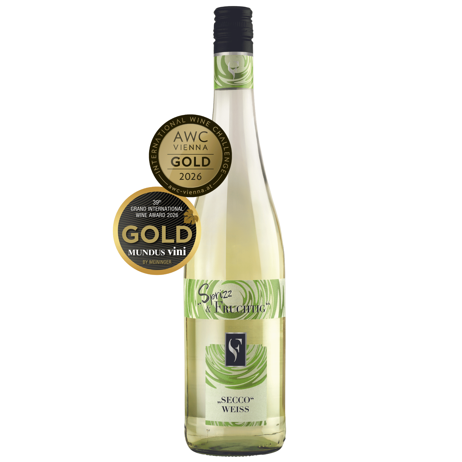 Flasche Secco weiß Sprizz & Fruchtig mit Goldmedaillen AWC Vienna 2026 und Mundus Vini