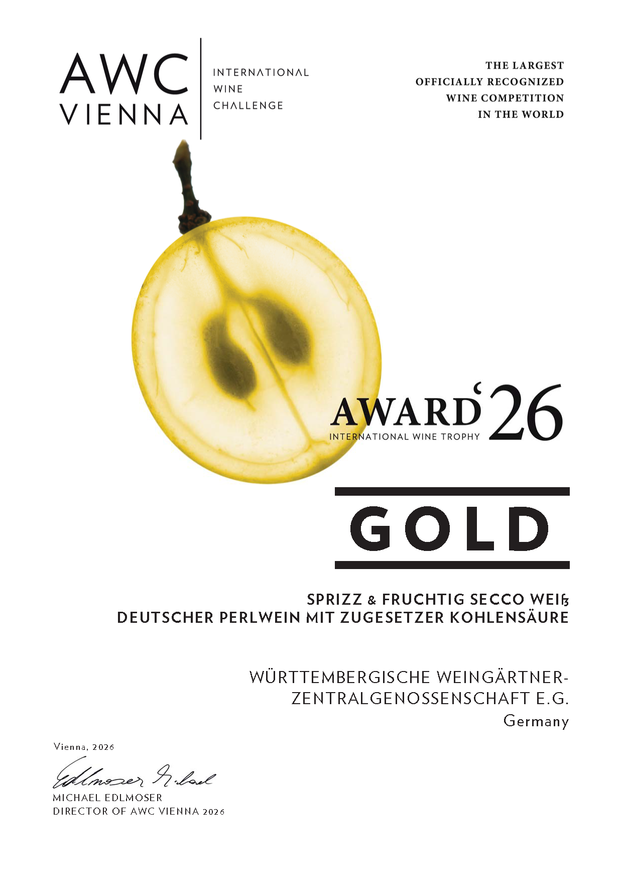 AWC Vienna Gold Zertifikat 2026 für Sprizz & Fruchtig Secco weiß