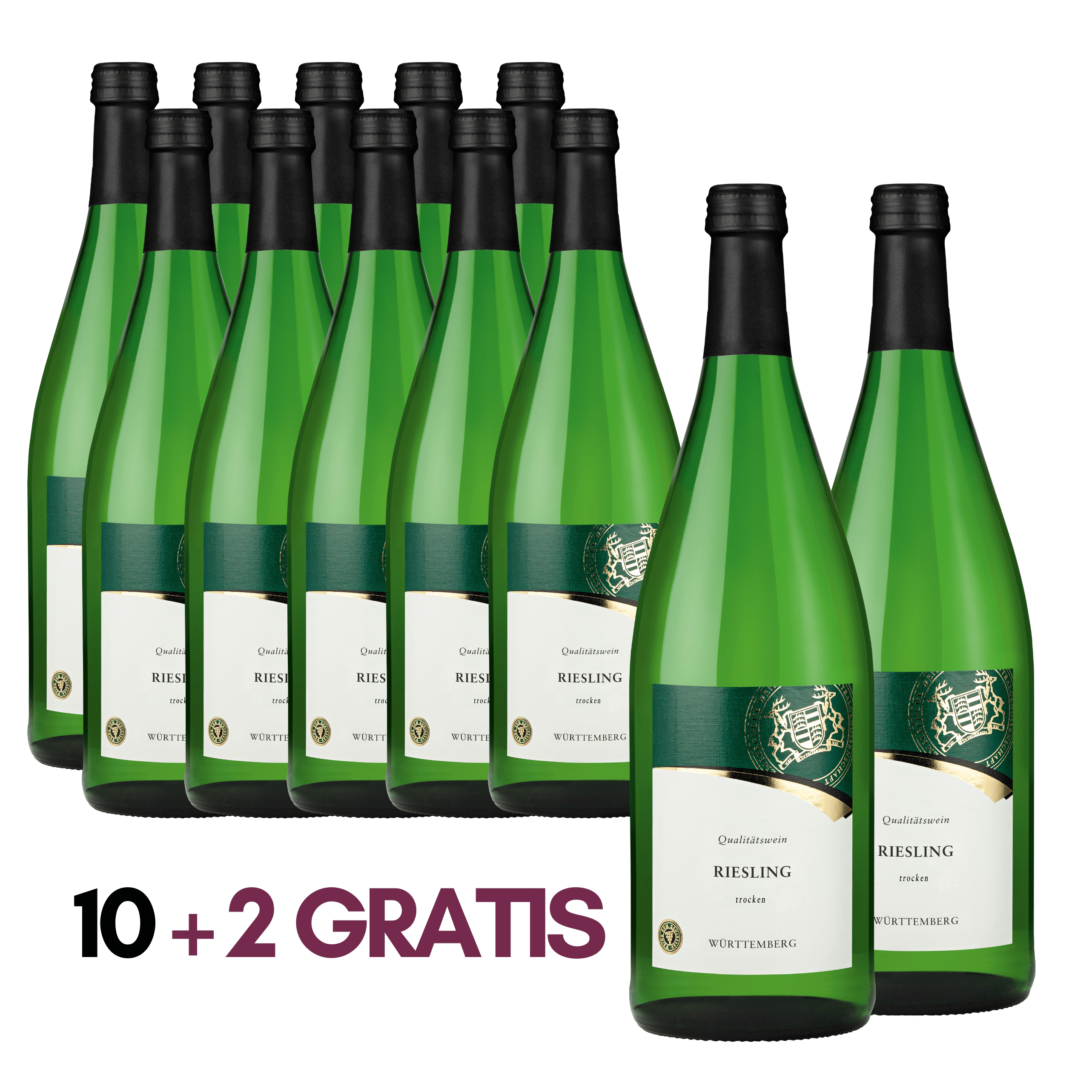 Zehn plus zwei Weißwein Literflaschen der Rebsorte Riesling trocken