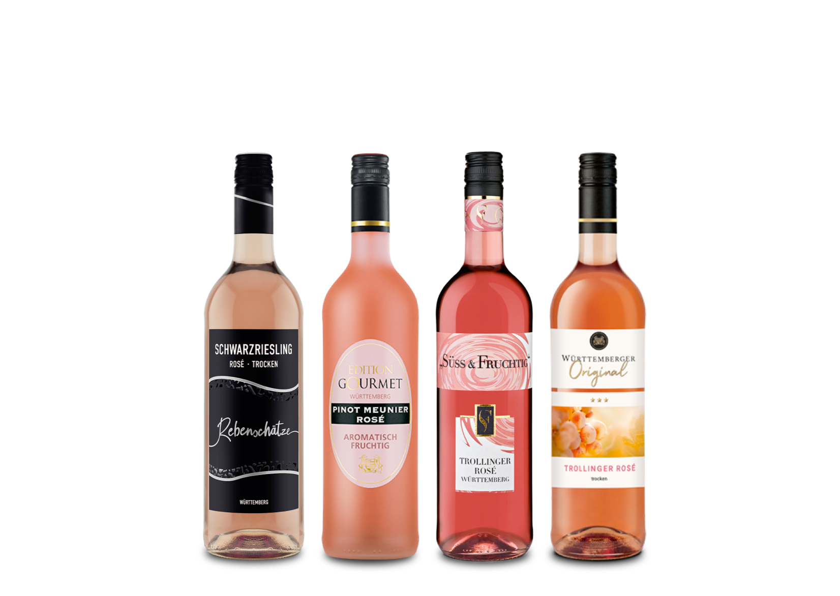 WZG Auswahl Roséweine Vier Roséweinflaschen in einer Reihe