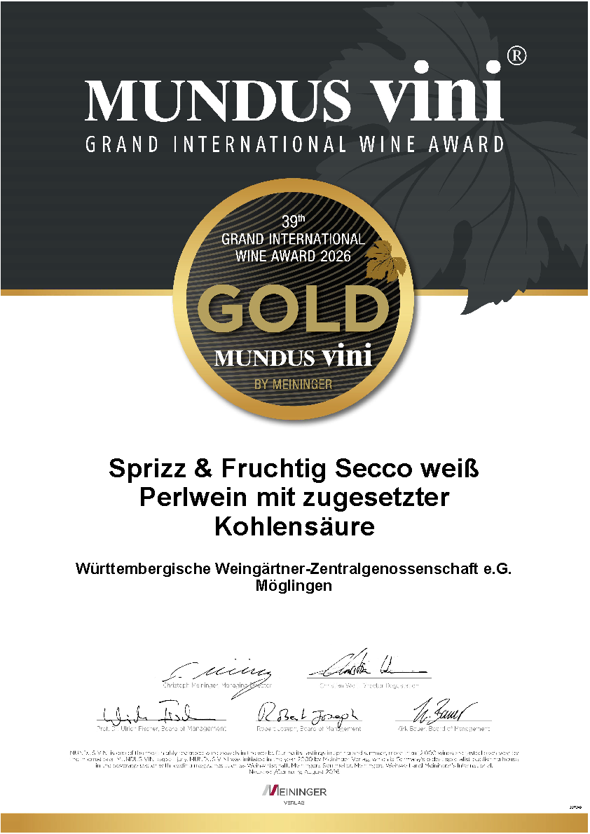 Mundus Vini Gold Zertifikat 2026 für Sprizz & Fruchtig Secco weiß