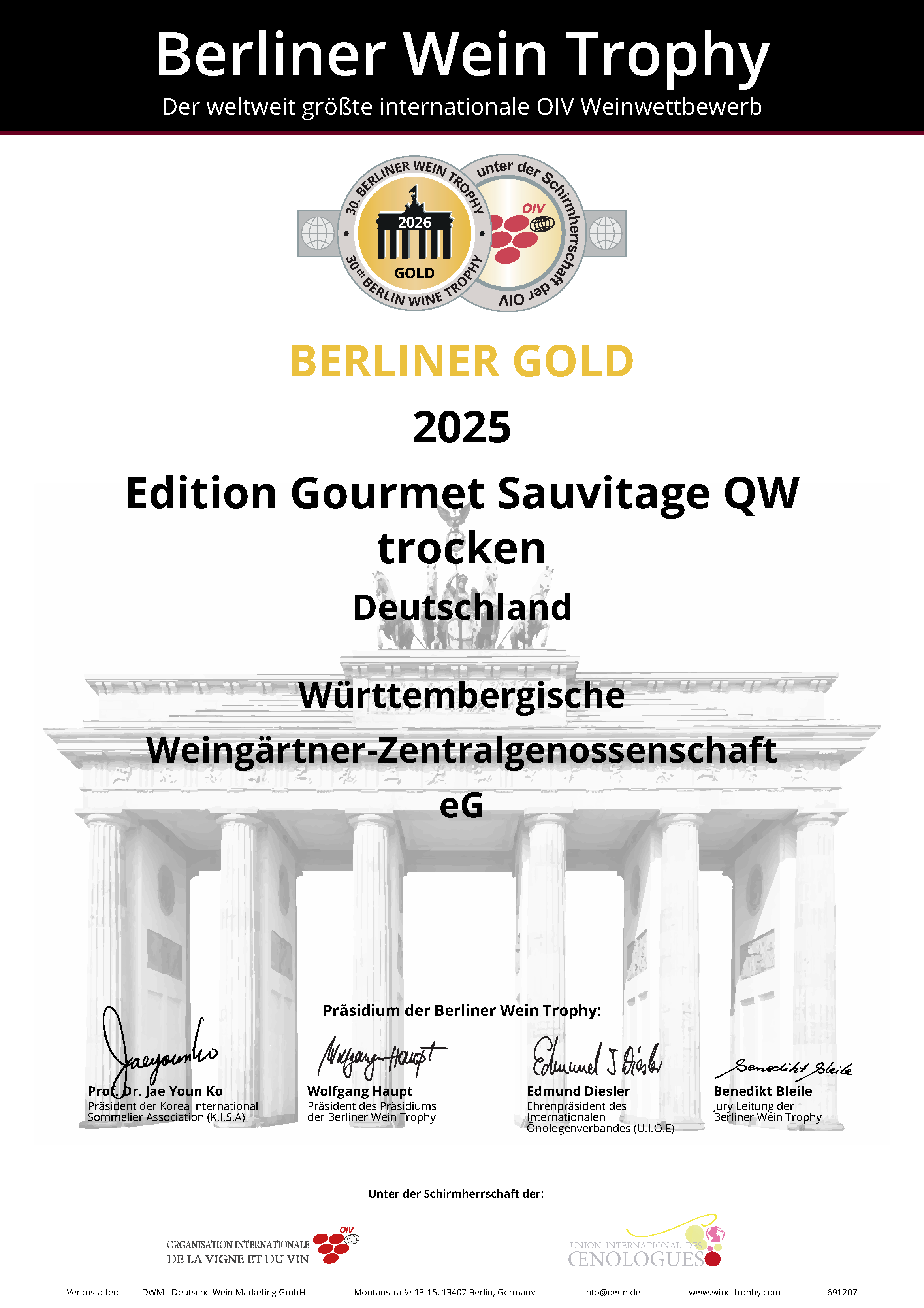 Zertifikat Berliner Gold 2026 für den Weißwein Edition Gourmet Sauvitage QW trocken