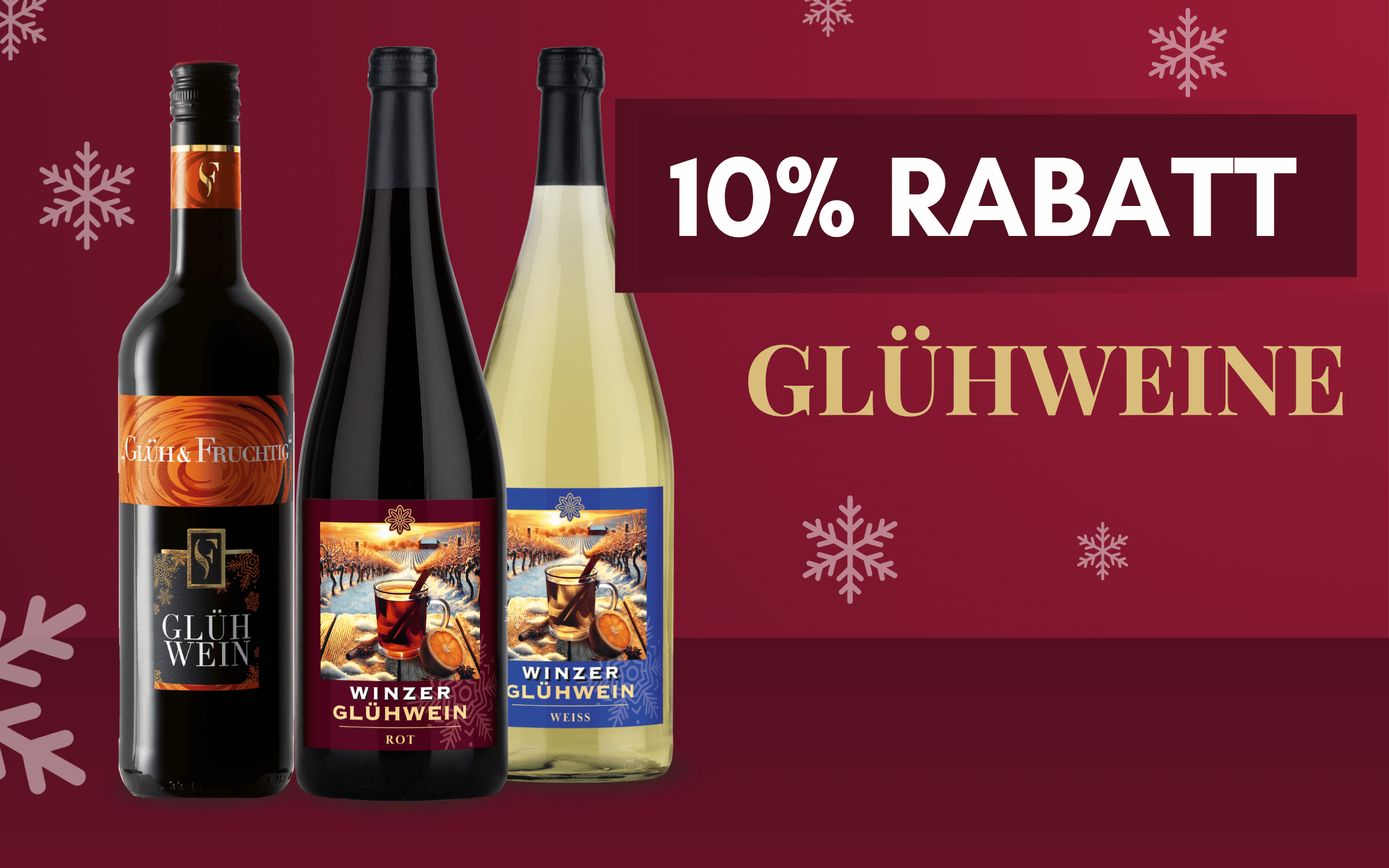 Drei Gluehweinflaschen der Sorten Glueh und Fruchtig und Winzergluehweine in rot und weiß rabattiert im WZG Weinshop WZG Gluehweine Aktion zehn Prozent