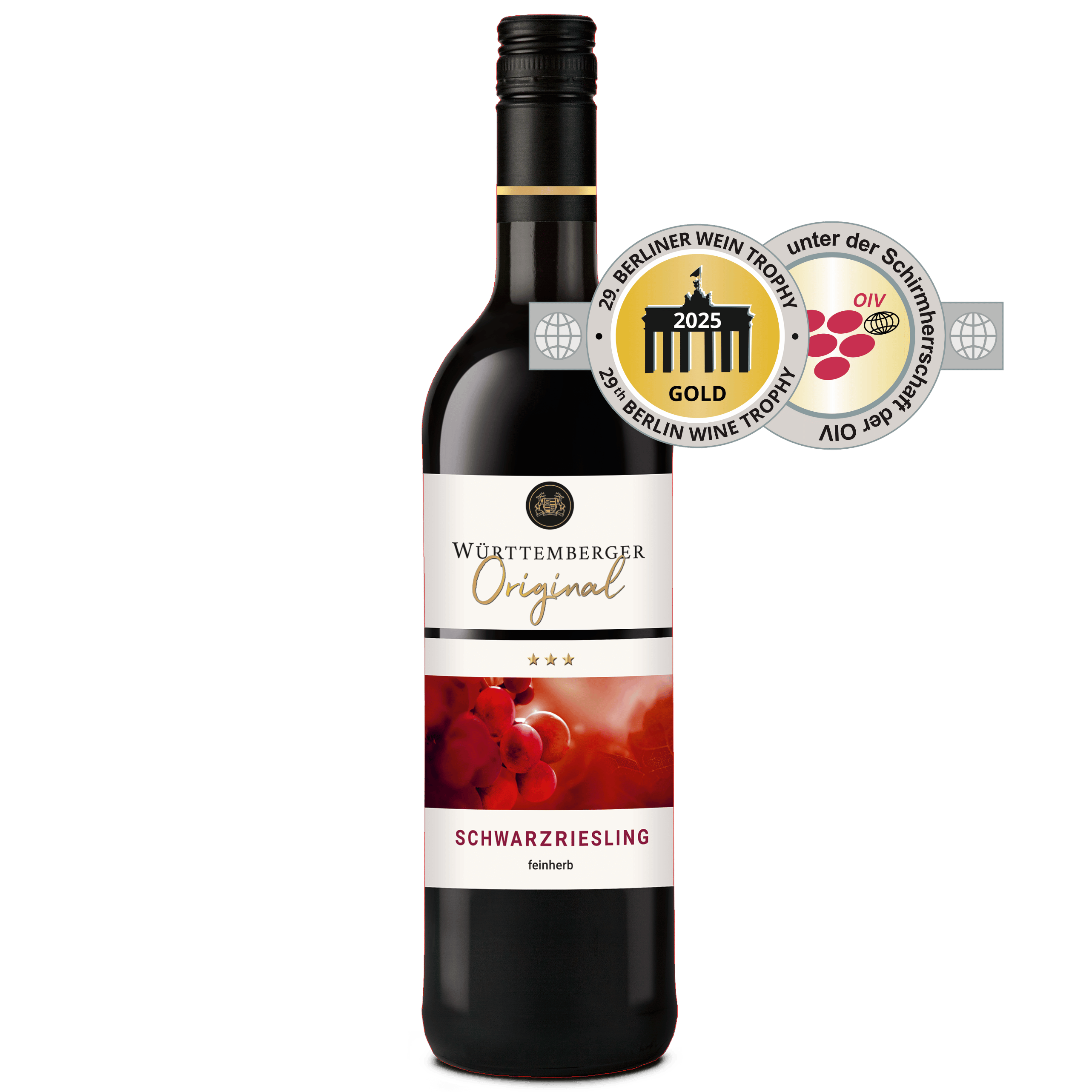 Rotweinflasche Württemberger Original der Sorte Schwarzriesling mit Goldauszeichnung aus dem WZG Weinshop WZG Rotwein Württemberger Original Schwarzriesling Gold