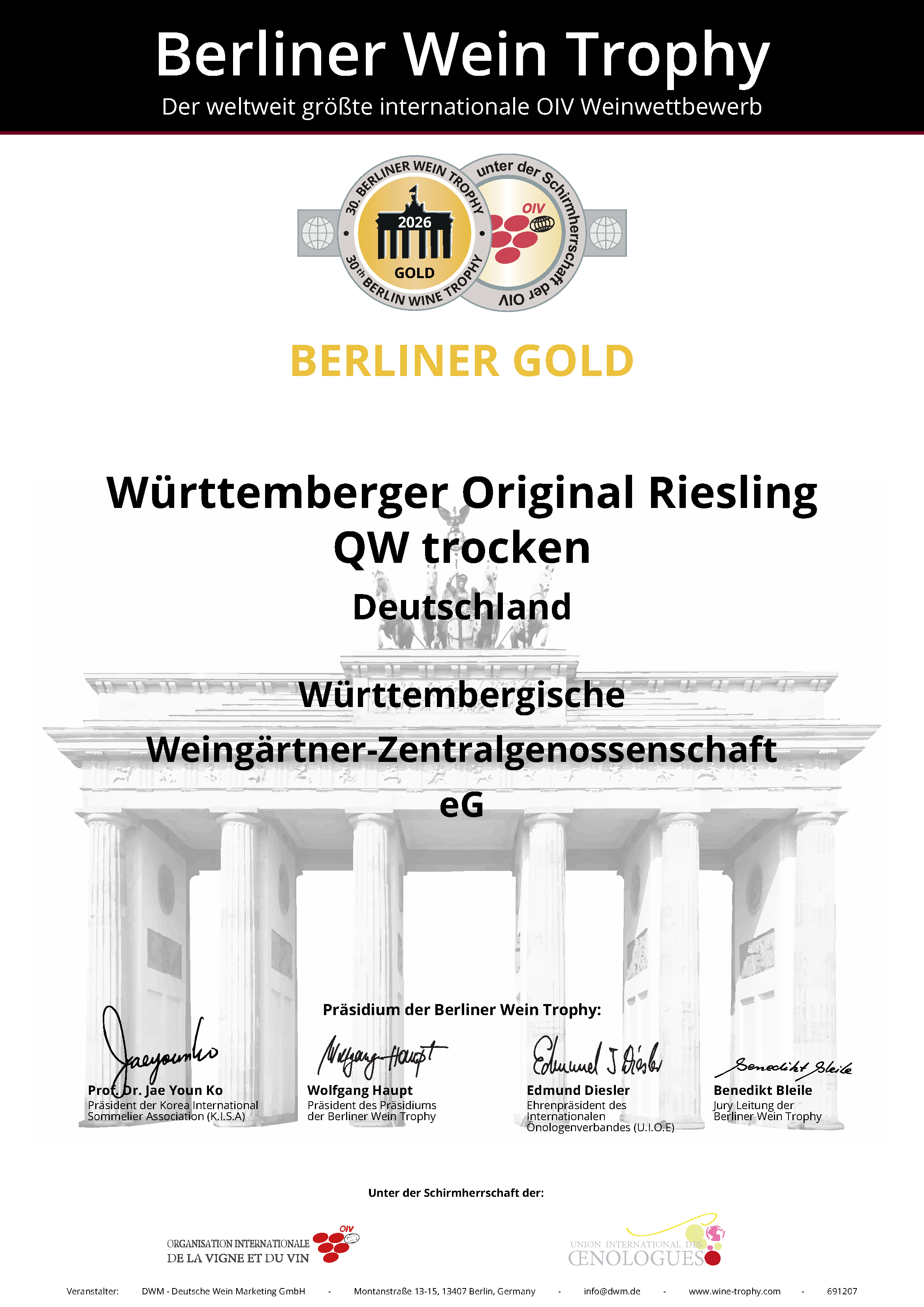 Zertifikat Berliner Gold 2026 für den Weißwein Württemberger Original Riesling trocken