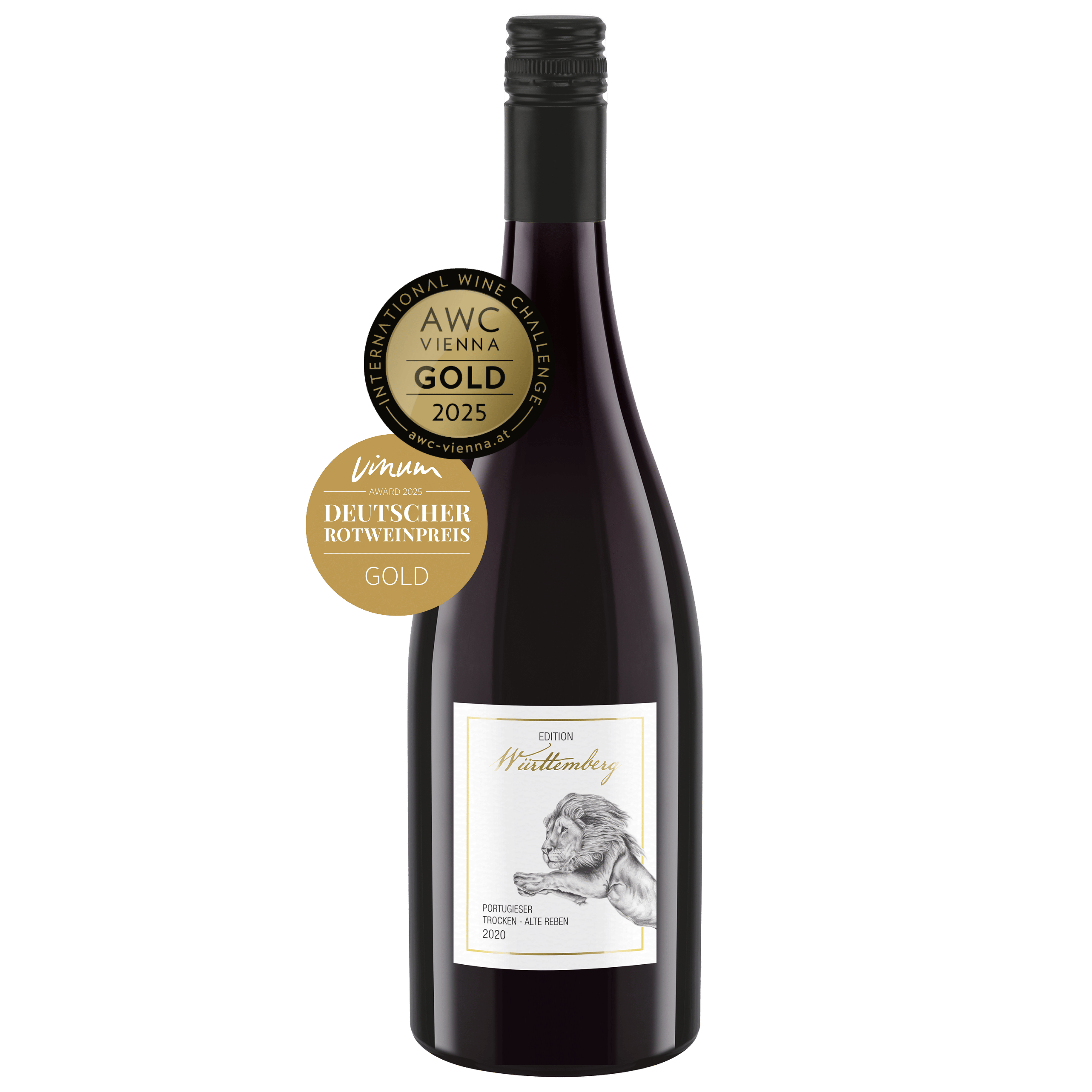Rotweinflasche der Serie Edition Württemberg der Sorte Portugieser mit AWC und Vinum Rotweinpreis Goldauszeichnung im WZG Weinshop WZG Rotwein Edition Württemberg Portugieser AWC und Rotweinpreis Gold