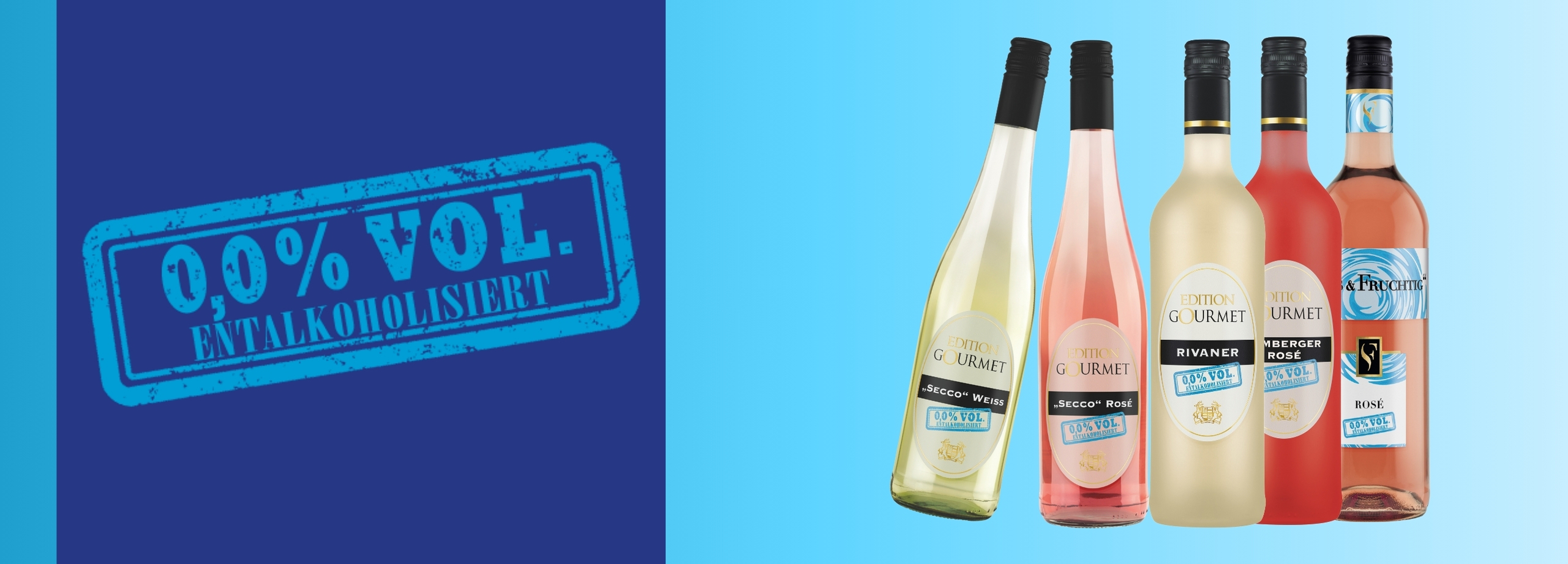 Zwei entalkoholisierte Perlweine und 3 entalkoholisierte Weine verschiedener Sorten gemeinsam in einer Reihe WZG Titelbild Shopseite Null Komma Null entalkoholisierte Weine und Perlweine