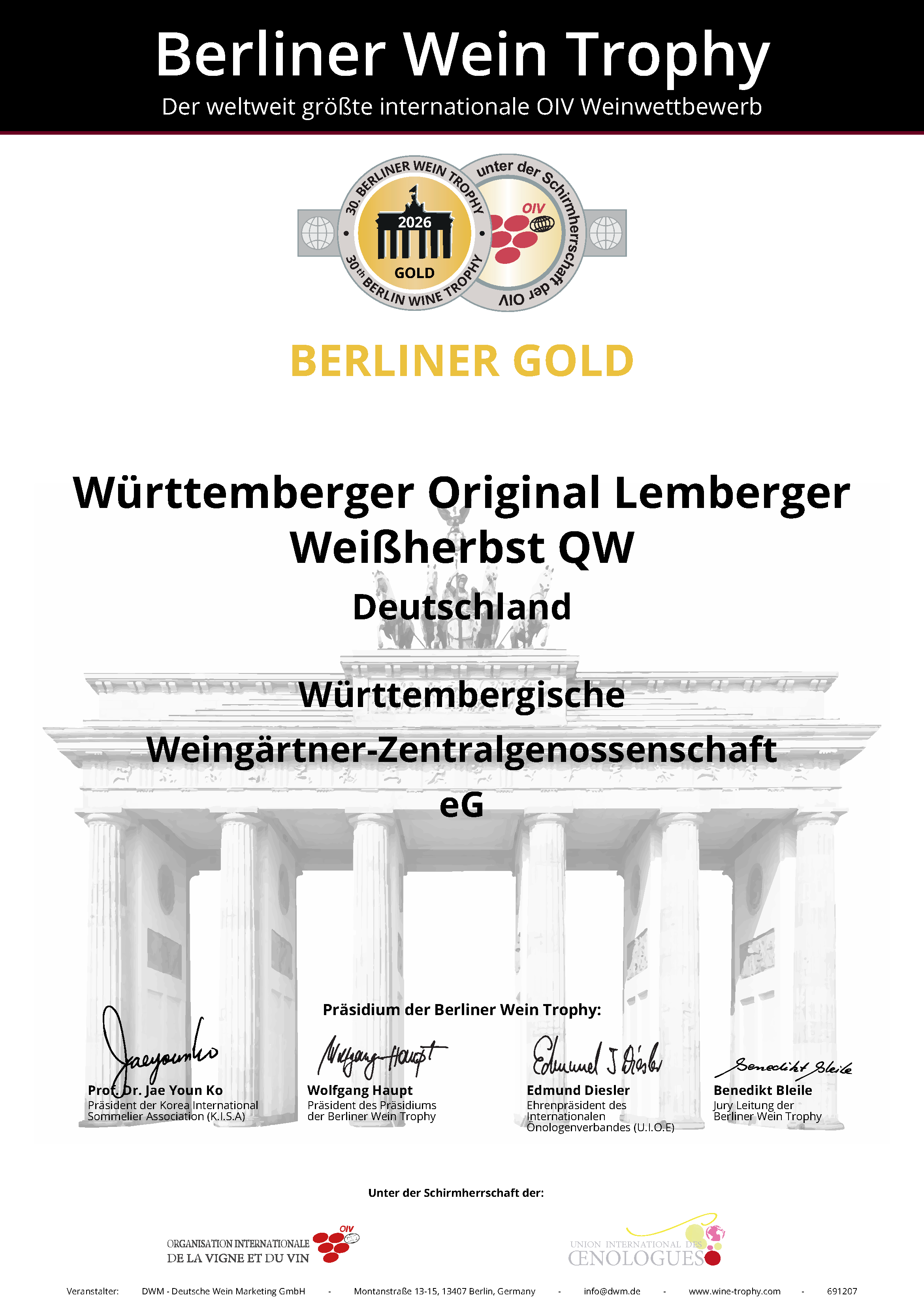 Zertifikat Berliner Gold 2026 für den Roséwein Württemberger Original Lemberger Weißherbst feinherb