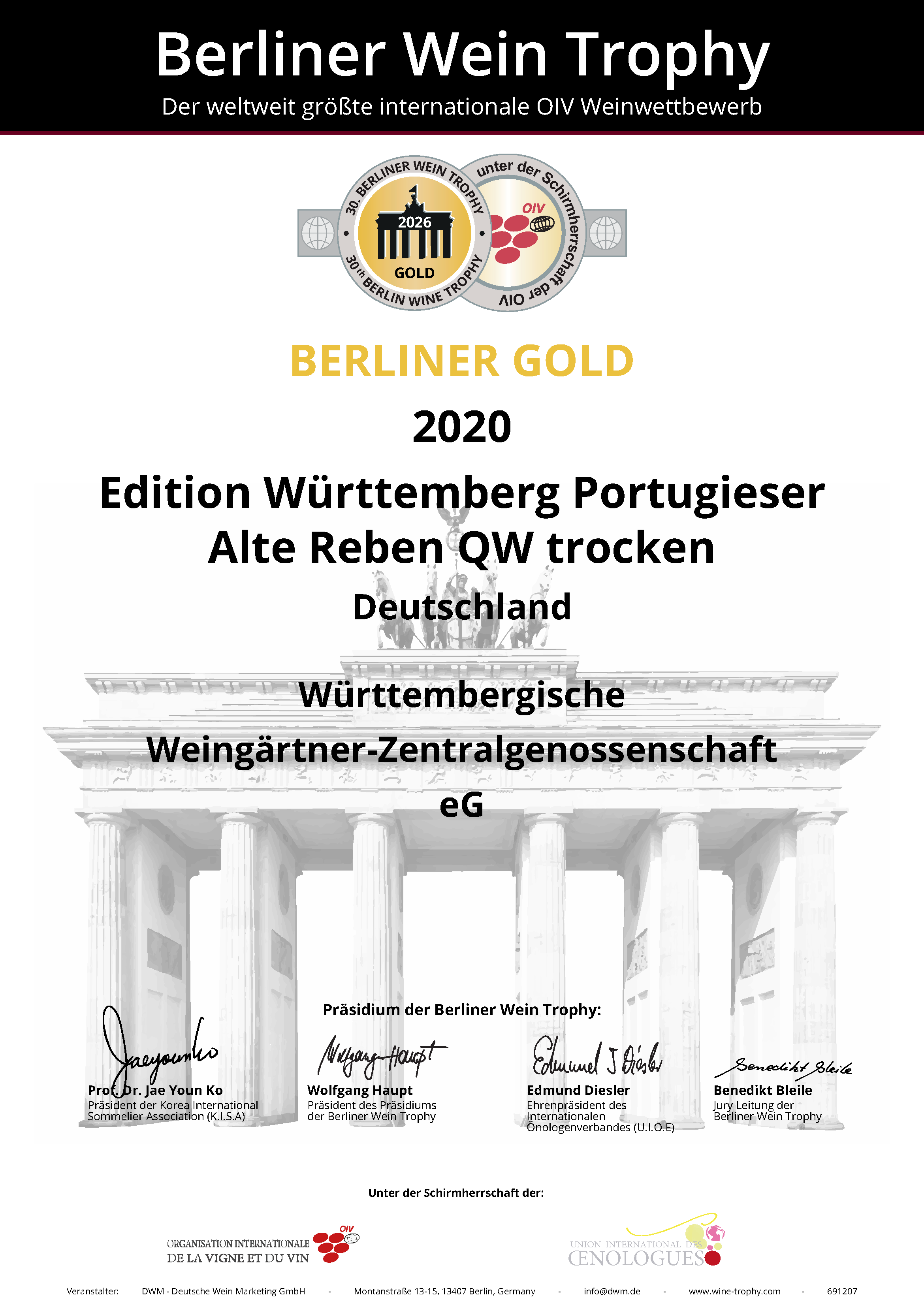 Zertifikat Berliner Gold 2026 für den Rotwein Edition Württemberg Portugieser Alte Reben QW trocken