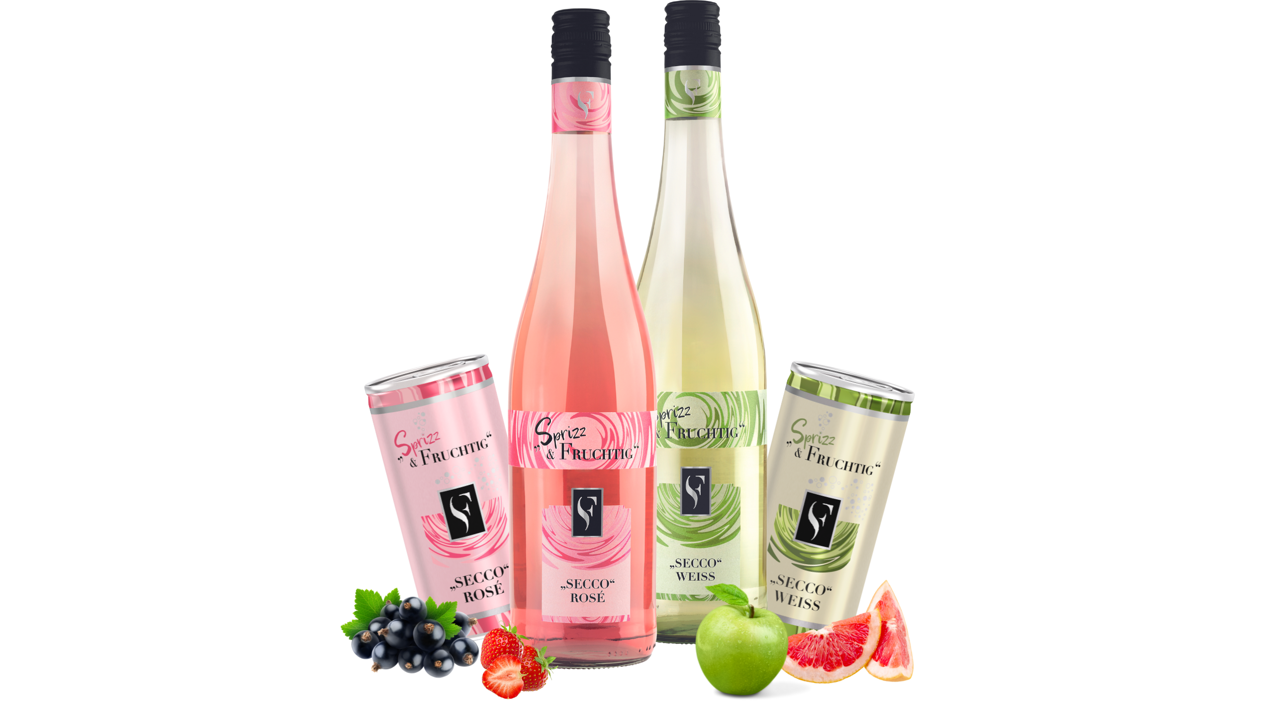 Secco Flaschen und Dosen in weiss und rosé der Serie Sprizz und Fruchtig WZG Sprizz und Fruchtig Serie