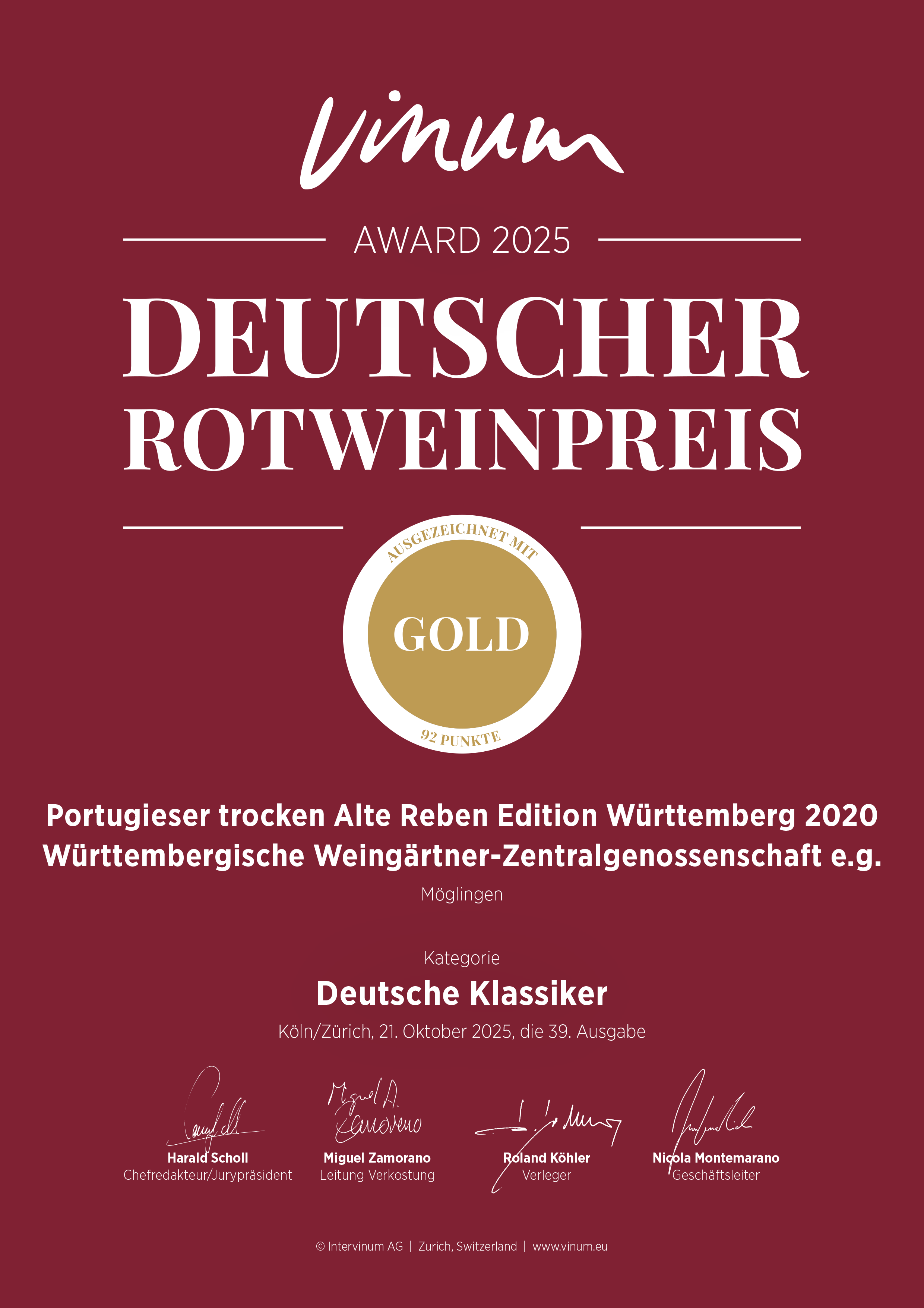 Zertifikat für den mit Gold ausgezeichneten Rotwein Portugieser der Edition Württemberg Zertifikat Vinum deutscher Rotweinpreis