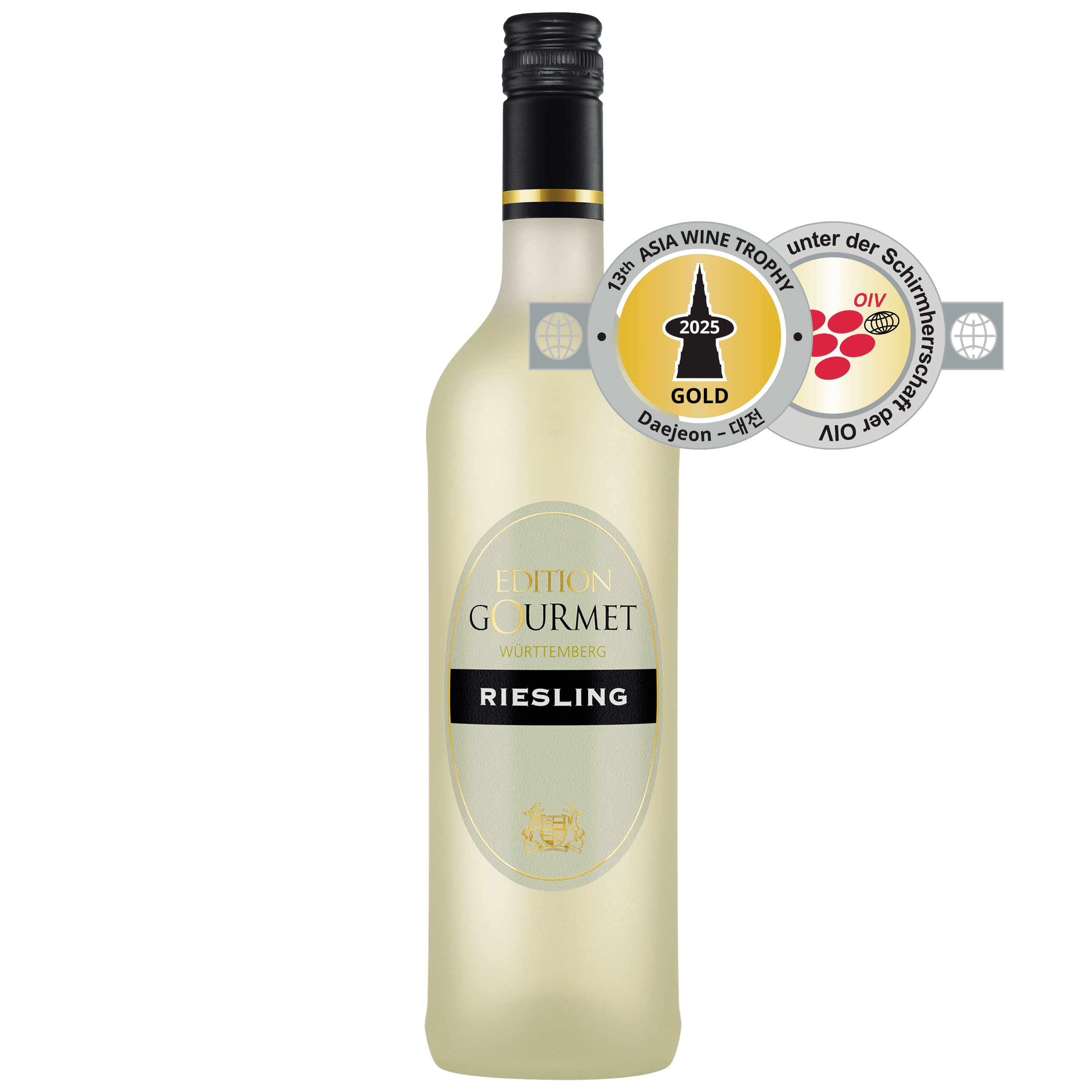 Weißweinflasche der Sorte Riesling mit Asia Wine Trophy Gold Auszeichnung aus dem WZG Weinshop
